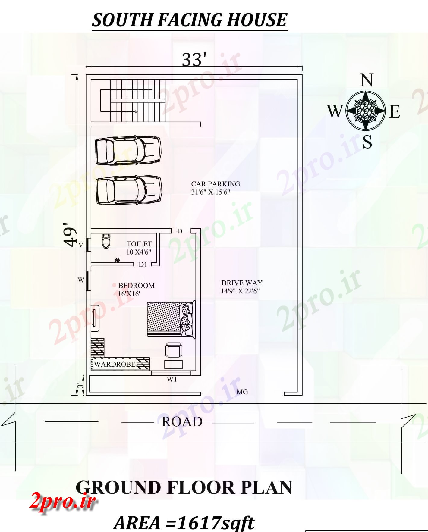 دانلود نقشه مسکونی ، ویلایی ، آپارتمان X49، رو به جنوب طبقه همکف طرحی مجلس طرحی به عنوان پستها در طول Vastu را Shastra و جزئیات پی دی اف 9 در 11 متر (کد157741)