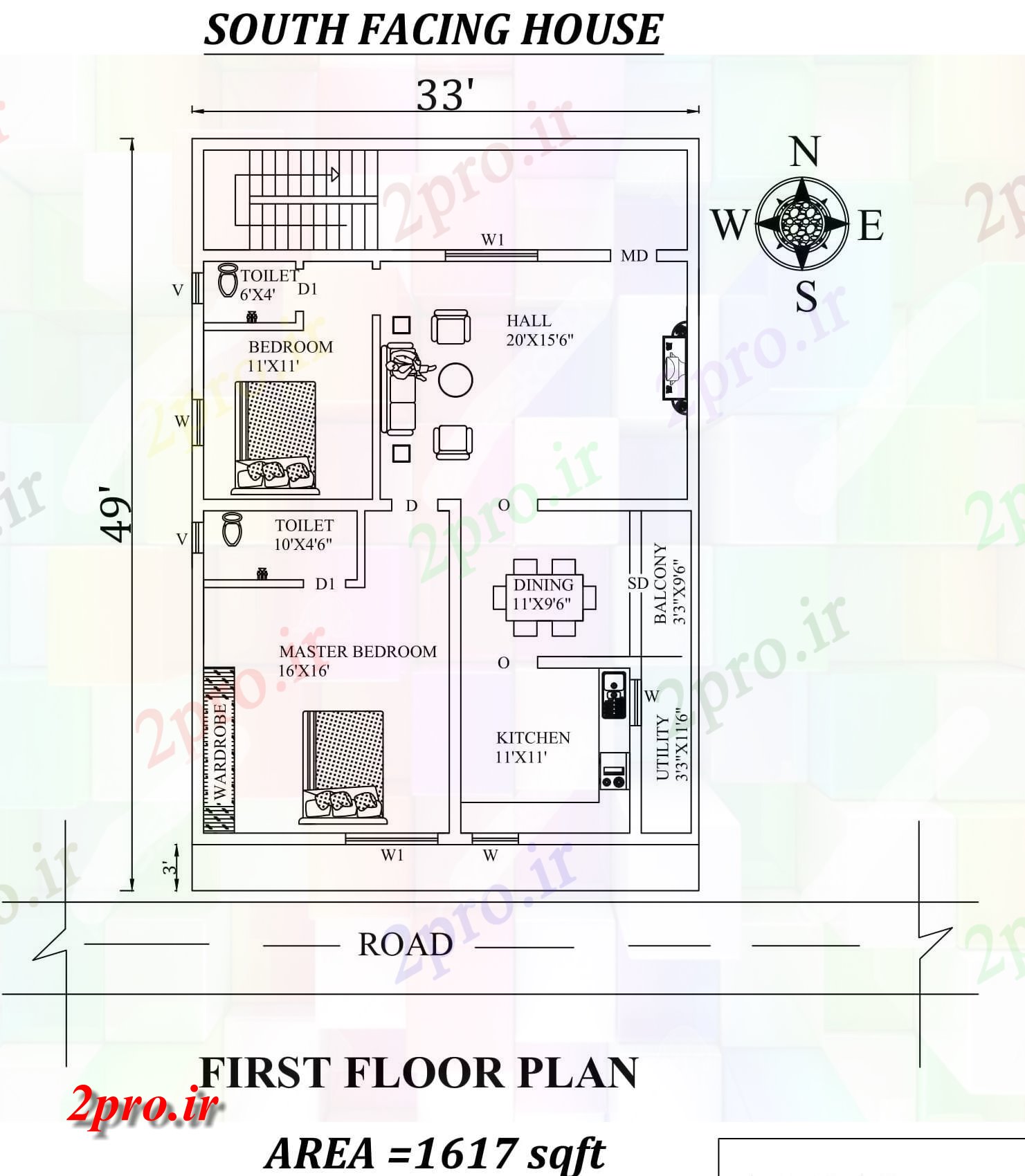 دانلود نقشه مسکونی ، ویلایی ، آپارتمان X49، 2bhk عالی جنوبی مواجه طبقه اول خانه طرحی به عنوان در هر Vastu را Shastra و پی دی اف جزئیات 5 در 6 متر (کد157743)