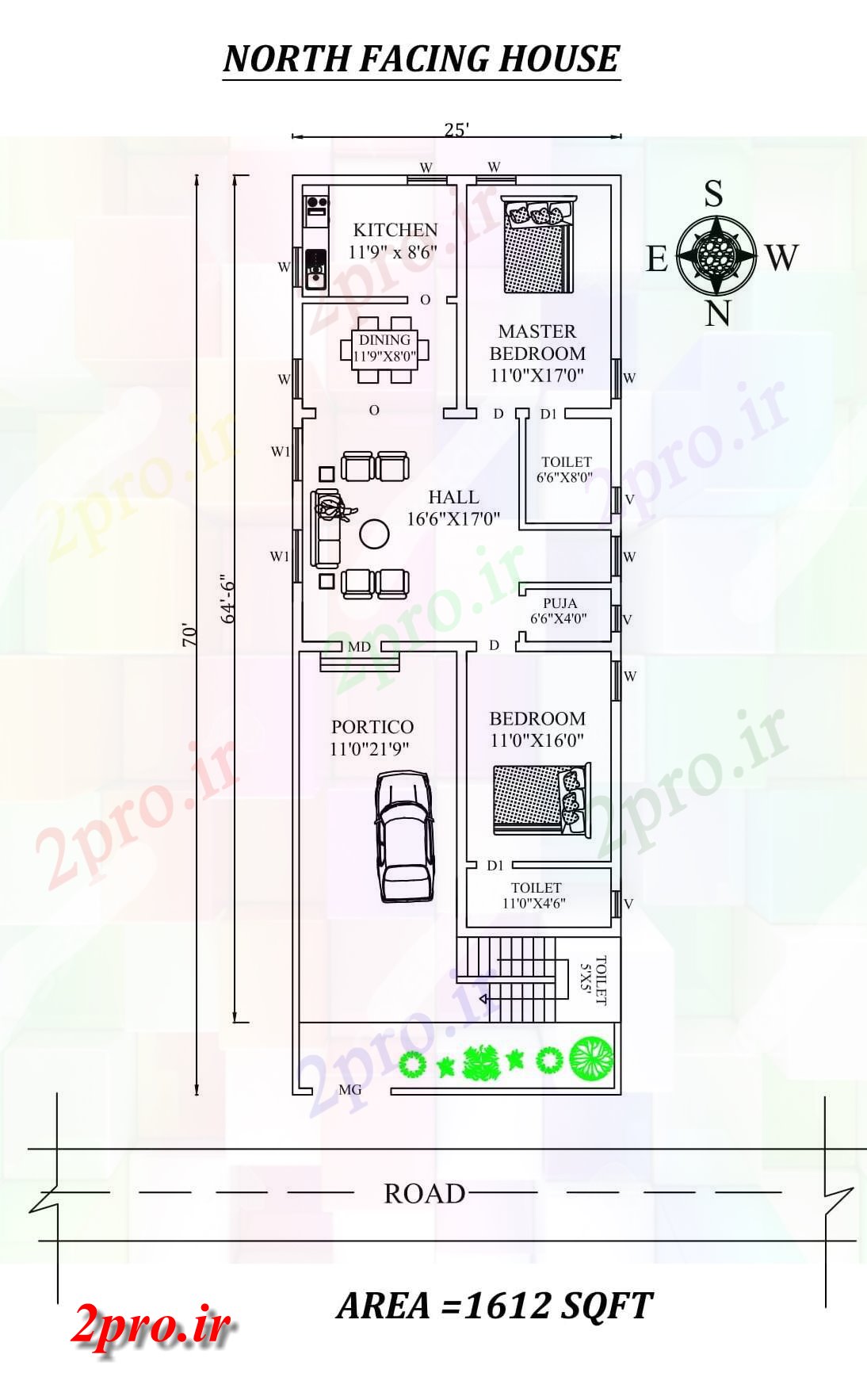 دانلود نقشه مسکونی ، ویلایی ، آپارتمان X64'6 شگفت انگیز شمالی طرحی خانه 2bhk به عنوان در هر Vastu Shastra هستند اتوکد و جزئیات پی دی اف 7 در 17 متر (کد157744)