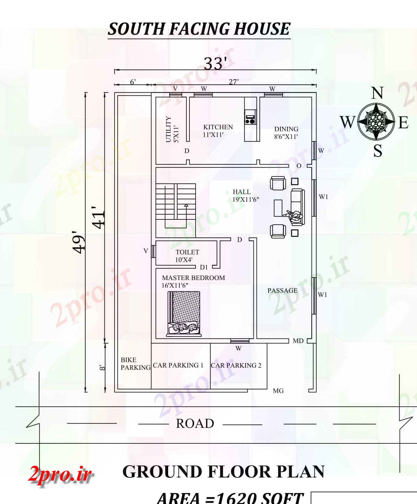 دانلود نقشه مسکونی ، ویلایی ، آپارتمان X41 تک BHK رو به جنوب طبقه همکف خانه طرحی به عنوان در هر Vastu Shastra هستند اتوکد و جزئیات پی دی اف 9 در 12 متر (کد157746)