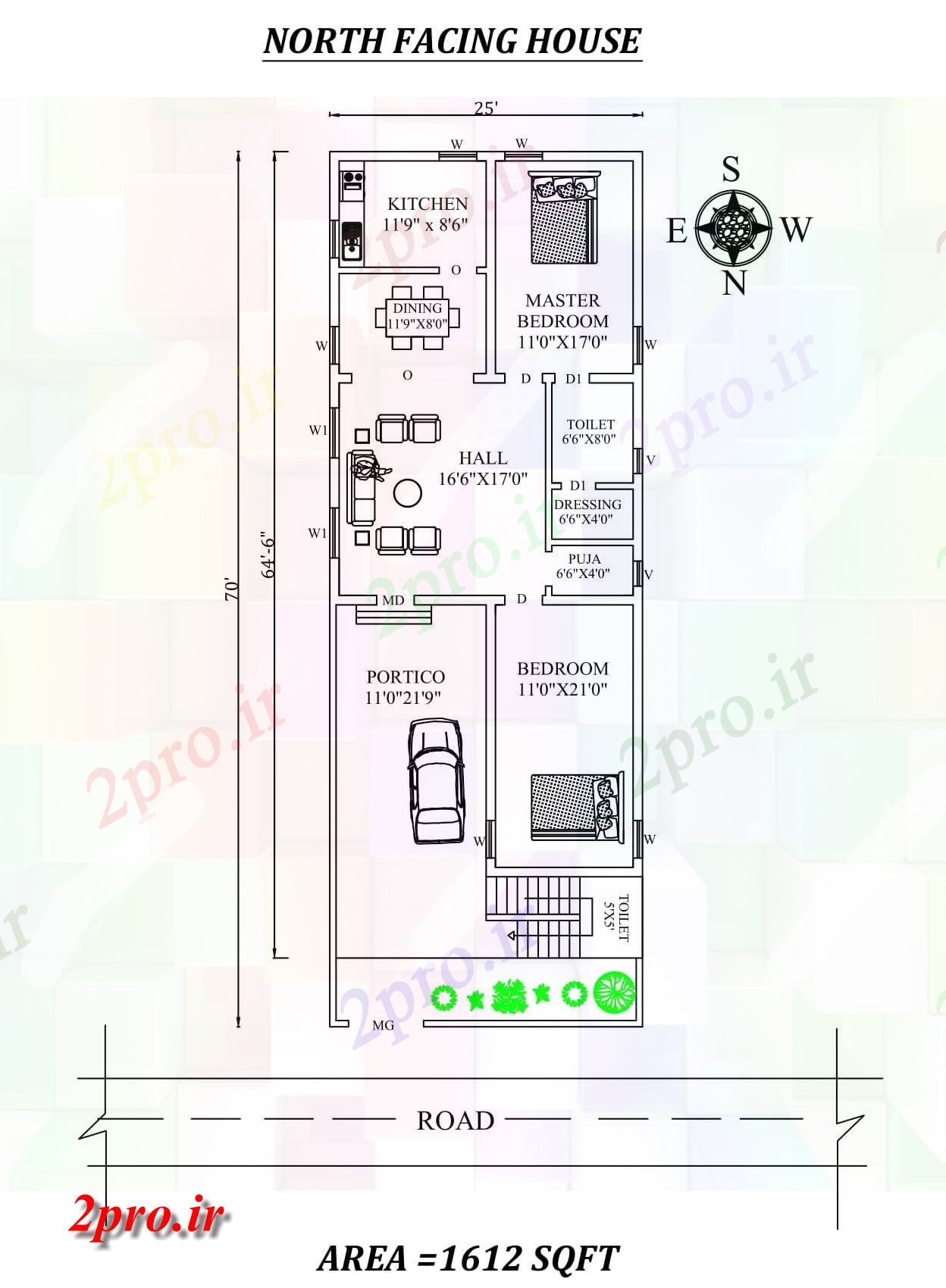 دانلود نقشه مسکونی ، ویلایی ، آپارتمان X70 'شگفت انگیز شمالی طرحی خانه 2bhk به عنوان در هر Vastu Shastra هستند اتوکد و جزئیات پی دی اف 7 در 17 متر (کد157749)