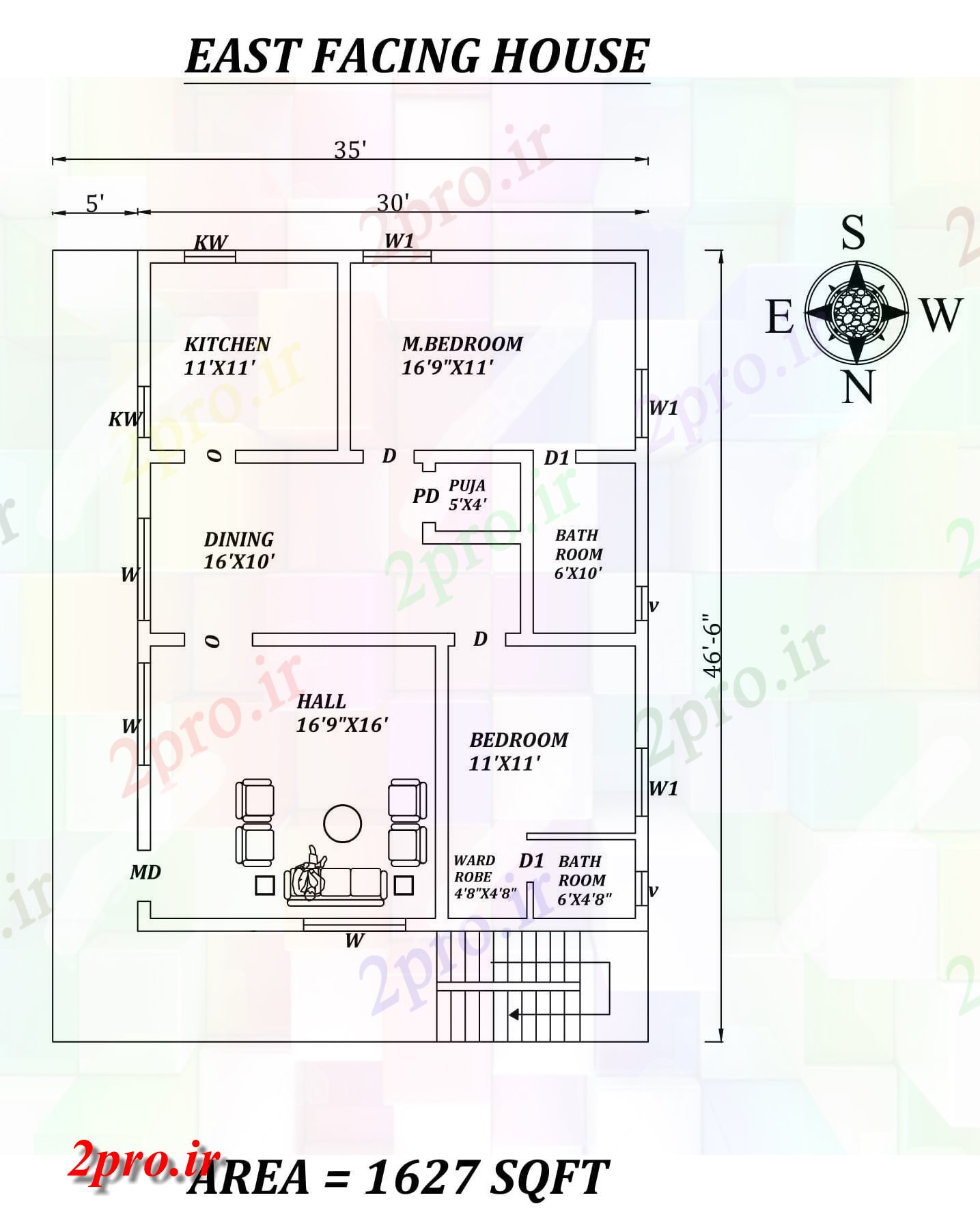 دانلود نقشه مسکونی ، ویلایی ، آپارتمان X46'6 کامل 2bhk شرق مواجه خانه طراحی به عنوان پستها در طول Vastu را Shastra و جزئیات پی دی اف 8 در 11 متر (کد157750)