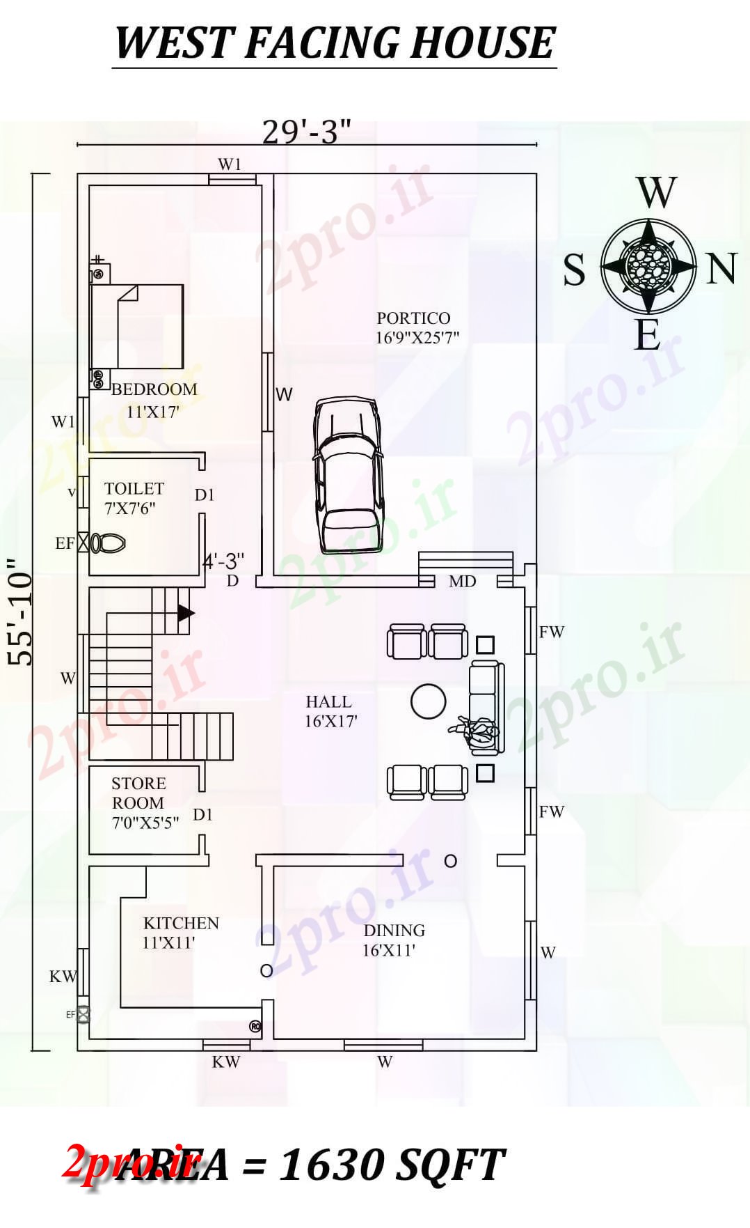 دانلود نقشه مسکونی ، ویلایی ، آپارتمان 3 X55'10 تنها BHK غرب مواجه خانه طرحی به عنوان در هر Vastu Shastra هستند اتوکد و جزئیات پی دی اف 8 در 16 متر (کد157752)