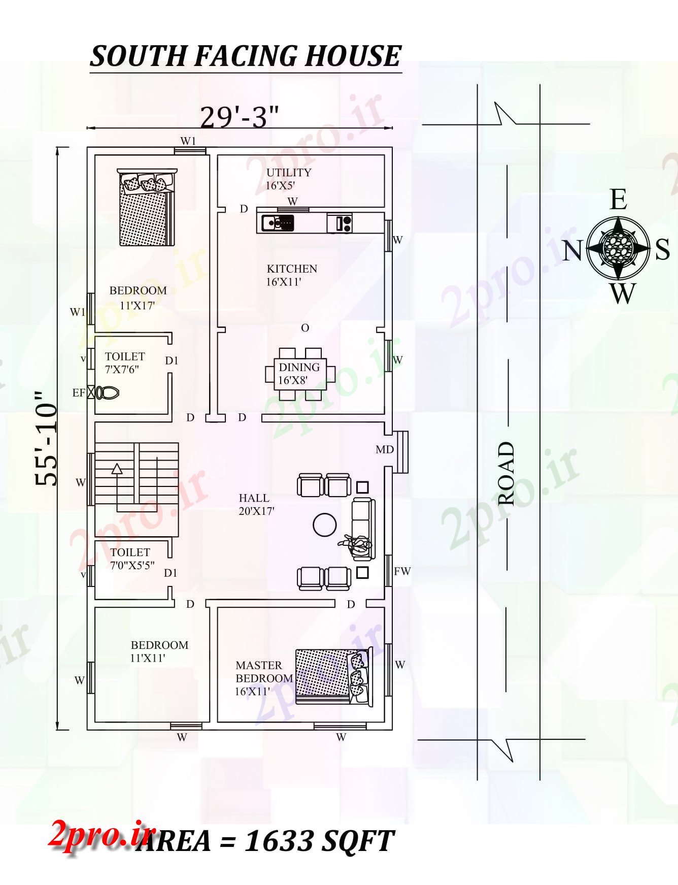 دانلود نقشه مسکونی ، ویلایی ، آپارتمان 3 X55'10 3bhk جنوبی مواجه خانه طرحی به عنوان در هر Vastu را Shastra و جزئیات پی دی اف 8 در 16 متر (کد157754)