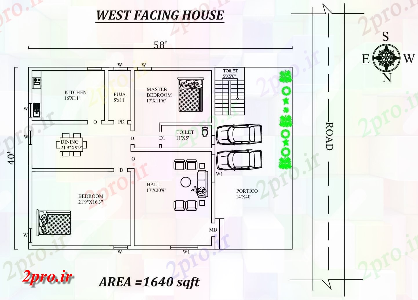 دانلود نقشه مسکونی ، ویلایی ، آپارتمان X40، 2bhk شگفت غرب مواجه خانه طرحی به عنوان در هر Vastu Shastra هستند اتوکد و جزئیات پی دی اف 11 در 12 متر (کد157758)