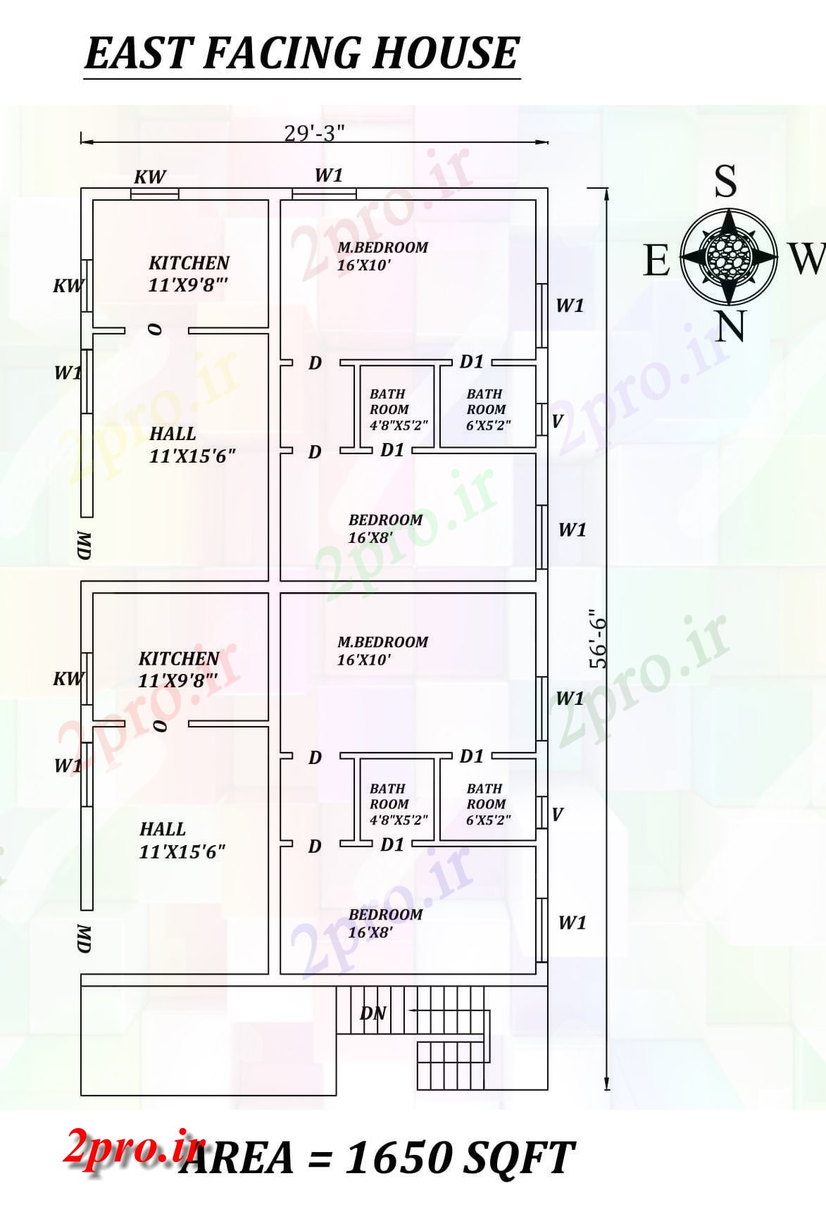 دانلود نقشه مسکونی ، ویلایی ، آپارتمان 3 X56'6 دو 2bhk شرق مواجه خانه طرحی به عنوان در هر Vastu Shastra هستند، اتوکد و جزئیات پی دی اف 8 در 14 متر (کد157759)