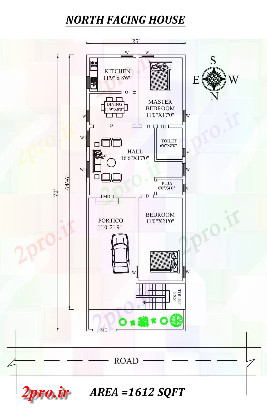 دانلود نقشه مسکونی ، ویلایی ، آپارتمان X64 'شگفت انگیز شمالی طرحی خانه 2bhk به عنوان در هر Vastu Shastra هستند اتوکد و جزئیات پی دی اف 7 در 17 متر (کد157763)