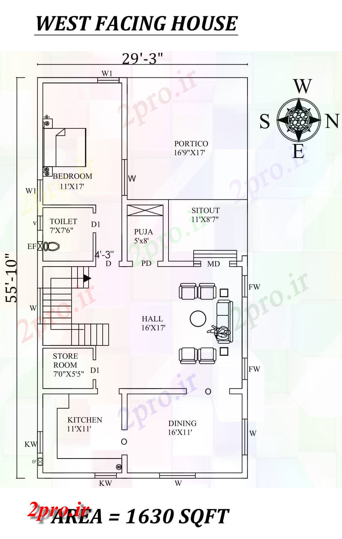 دانلود نقشه مسکونی ، ویلایی ، آپارتمان X55 تک BHK غرب مواجه خانه طراحی به عنوان پستها در طول Vastu را Shastra و جزئیات پی دی اف 8 در 16 متر (کد157769)