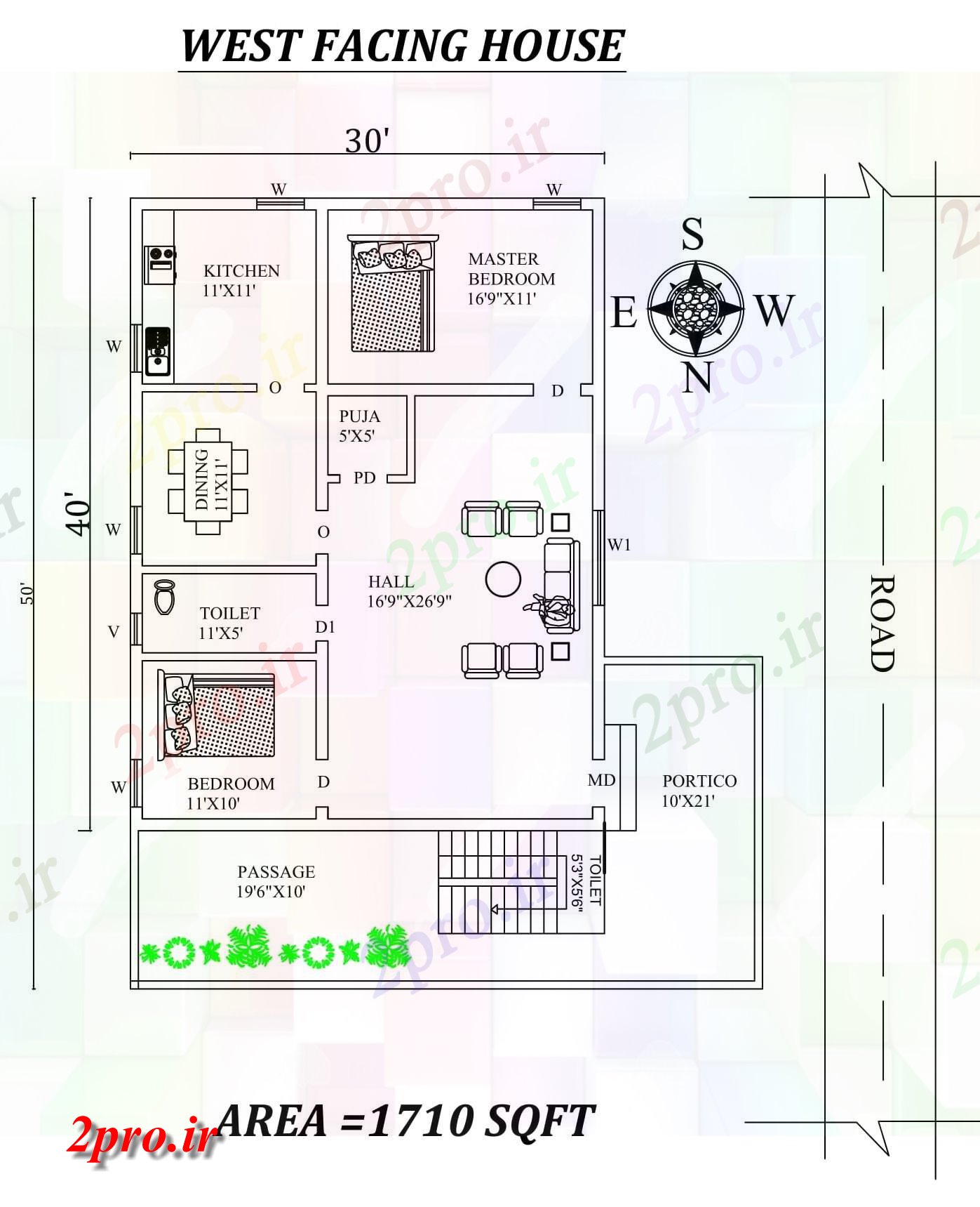 دانلود نقشه مسکونی ، ویلایی ، آپارتمان X50، 2bhk شگفت غرب مواجه خانه طرحی به عنوان در هر Vastu Shastra هستند اتوکد و جزئیات پی دی اف 8 در 11 متر (کد157772)