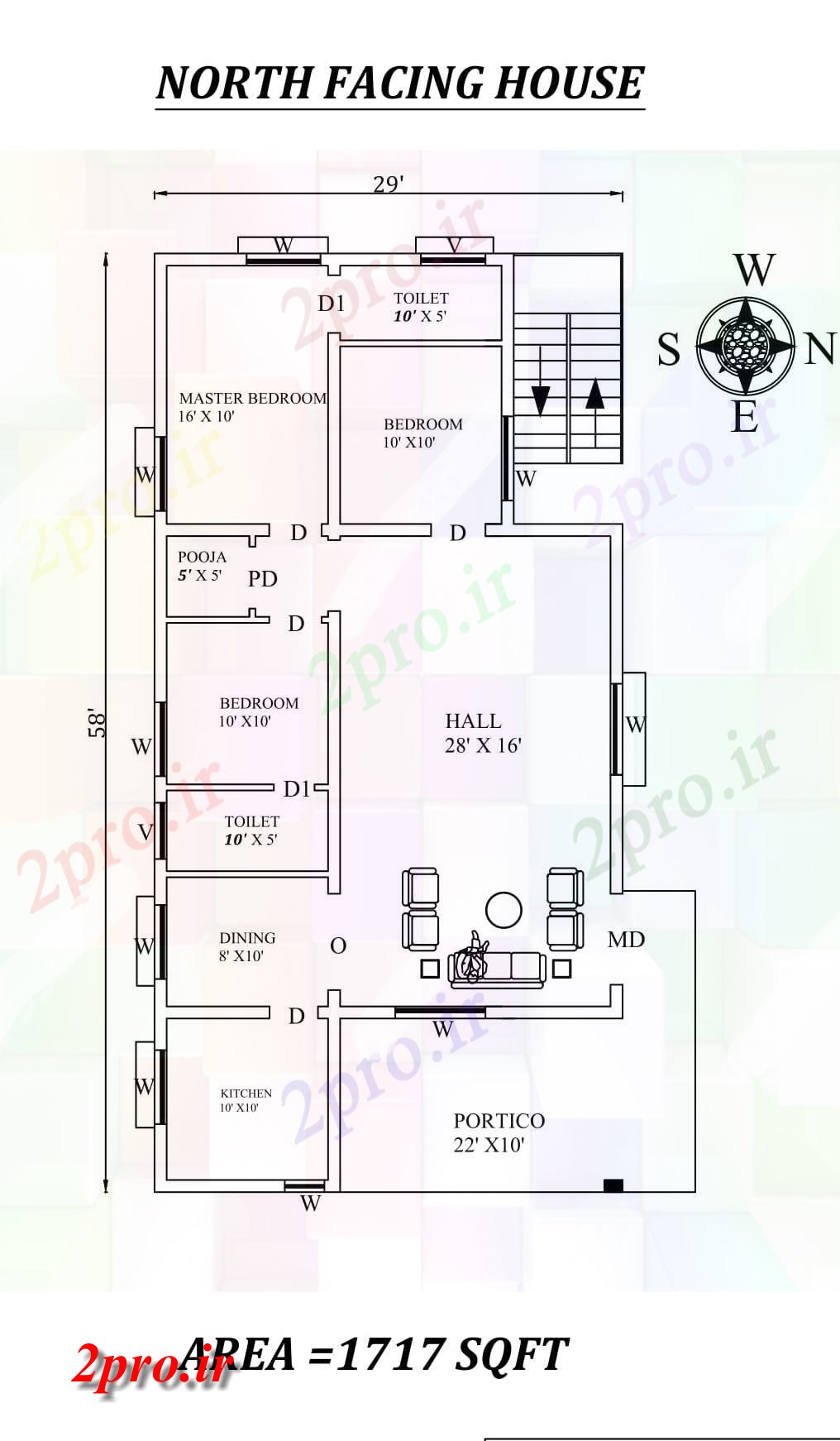 دانلود نقشه مسکونی ، ویلایی ، آپارتمان X58، پر زرق و برق به طور کامل مبله 3BHK شمالی خانه طرحی به عنوان در هر Vasthu Shastra و جزئیات پی دی اف 8 در 17 متر (کد157776)