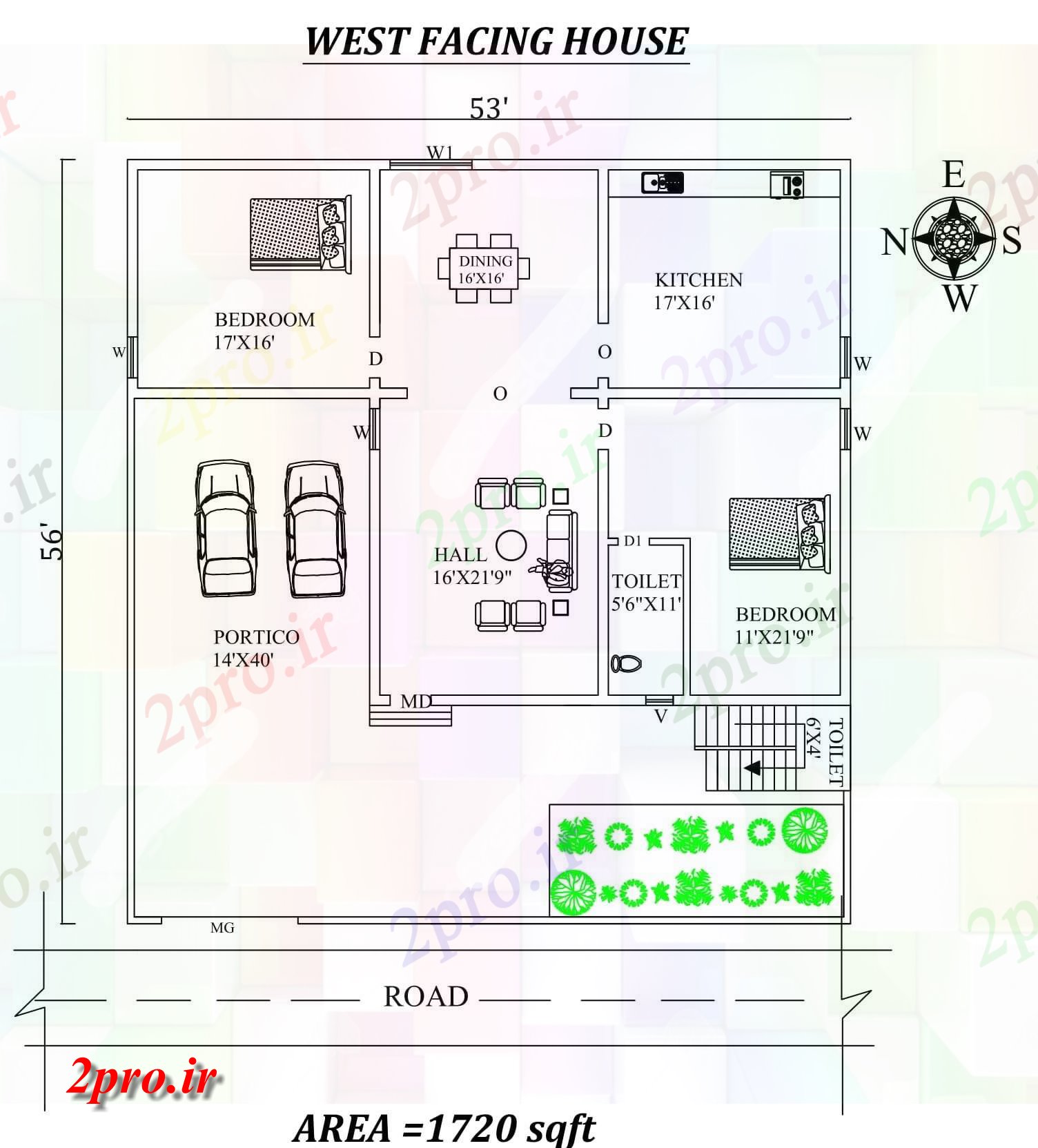 دانلود نقشه مسکونی ، ویلایی ، آپارتمان X56، 2bhk شگفت غرب مواجه خانه طرحی به عنوان در هر Vastu Shastra هستند اتوکد و جزئیات پی دی اف 11 در 15 متر (کد157778)