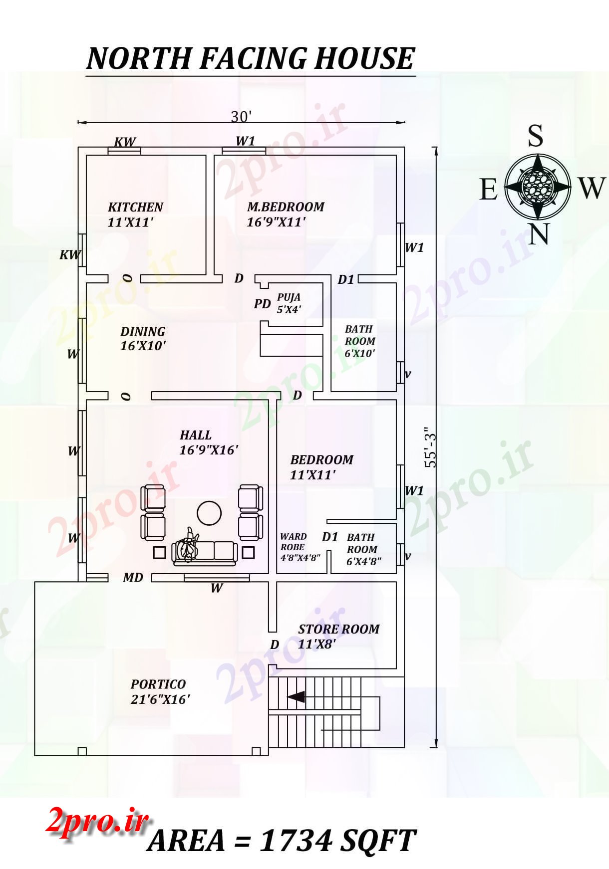 دانلود نقشه مسکونی ، ویلایی ، آپارتمان شگفت انگیز شمالی 30'X55، مواجه طرحی خانه 2bhk به عنوان در هر Vastu را Shastra و جزئیات پی دی اف 8 در 14 متر (کد157782)