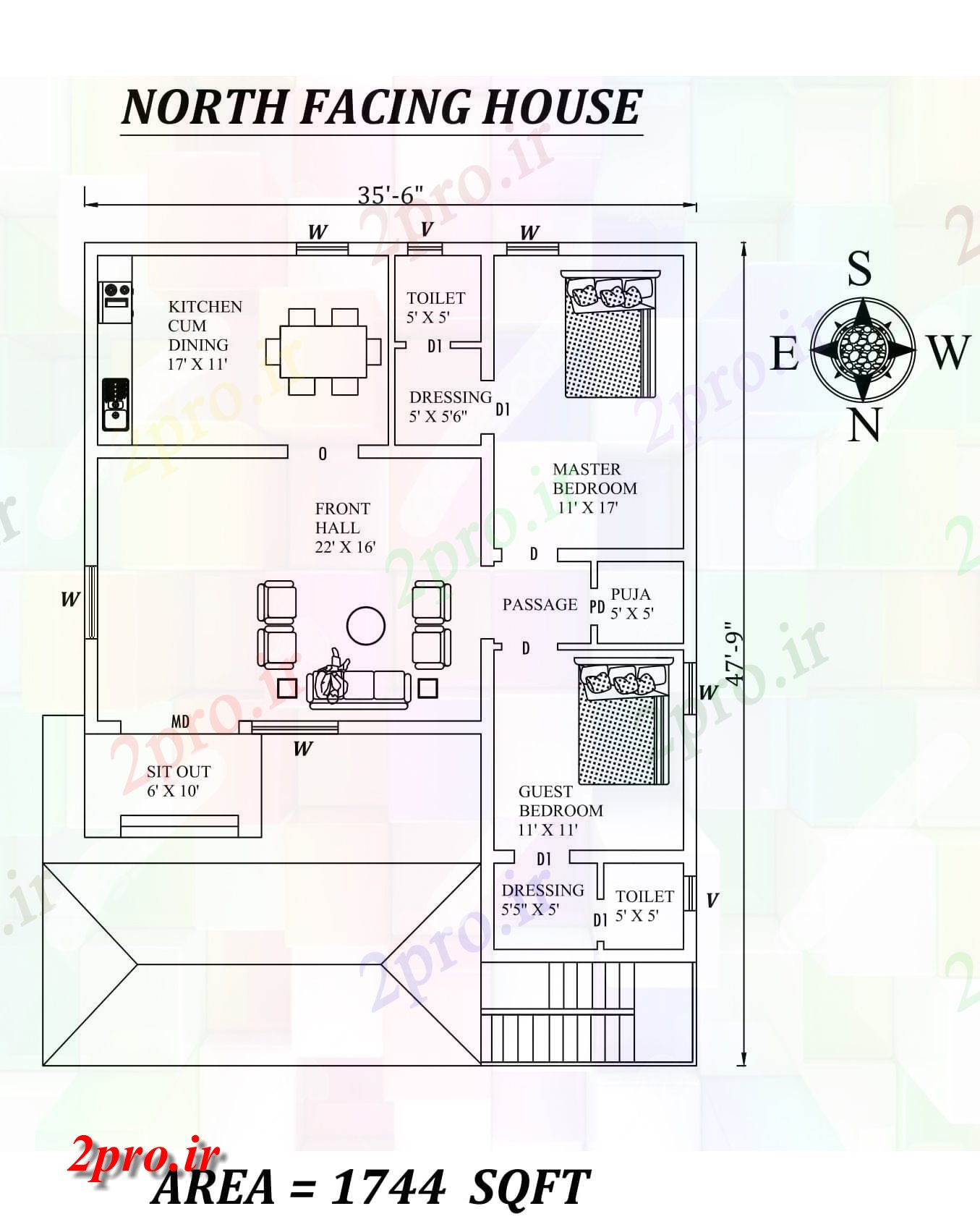 دانلود نقشه مسکونی ، ویلایی ، آپارتمان 6 X47'9 شگفت انگیز شمالی طرحی خانه 2bhk به عنوان در هر Vastu Shastra هستند اتوکد و جزئیات پی دی اف 10 در 12 متر (کد157784)