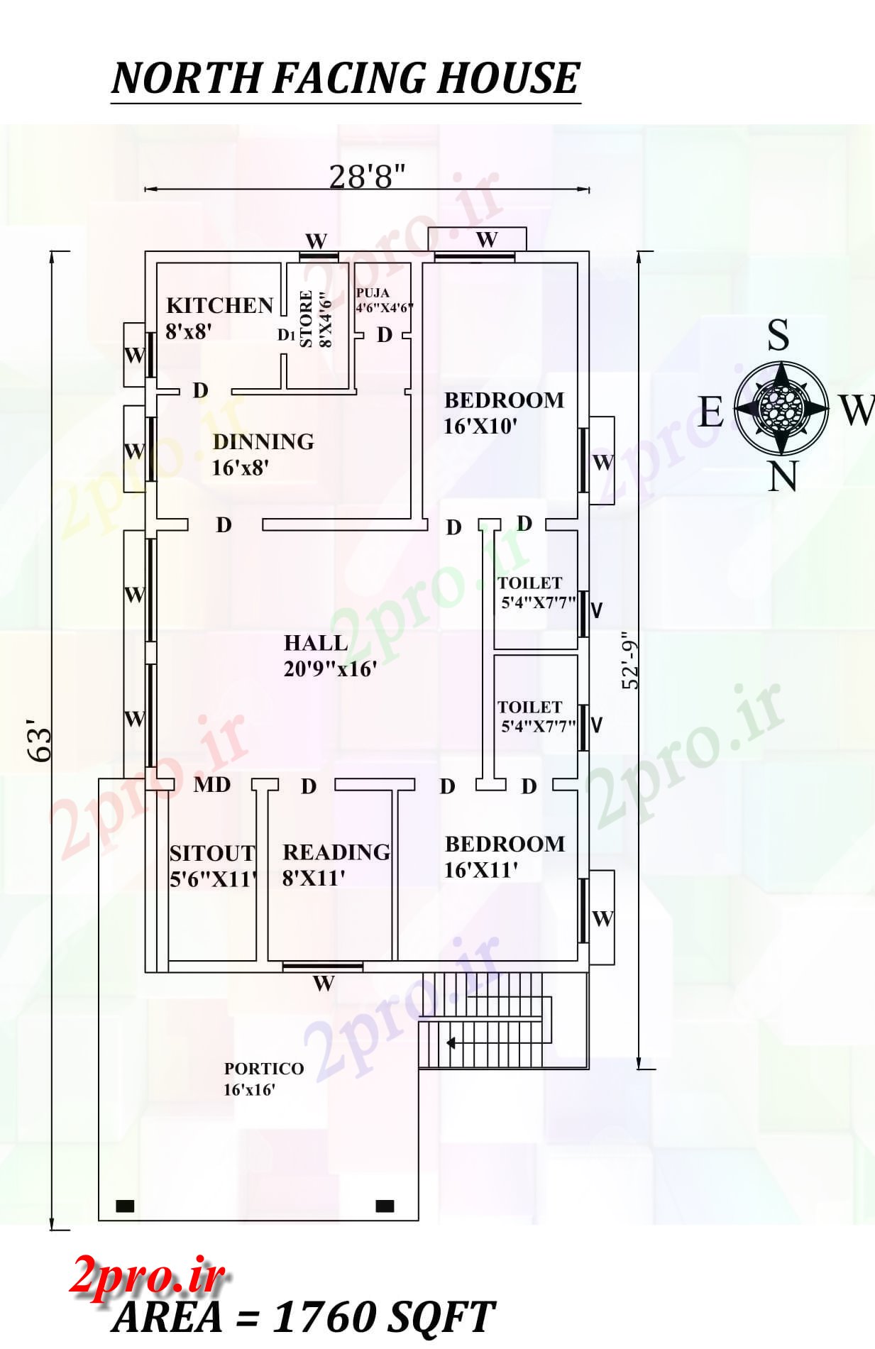 دانلود نقشه مسکونی ، ویلایی ، آپارتمان 8 X63 'شگفت انگیز شمالی طرحی خانه 2bhk به عنوان در هر Vastu Shastra هستند اتوکد و جزئیات پی دی اف 8 در 13 متر (کد157790)