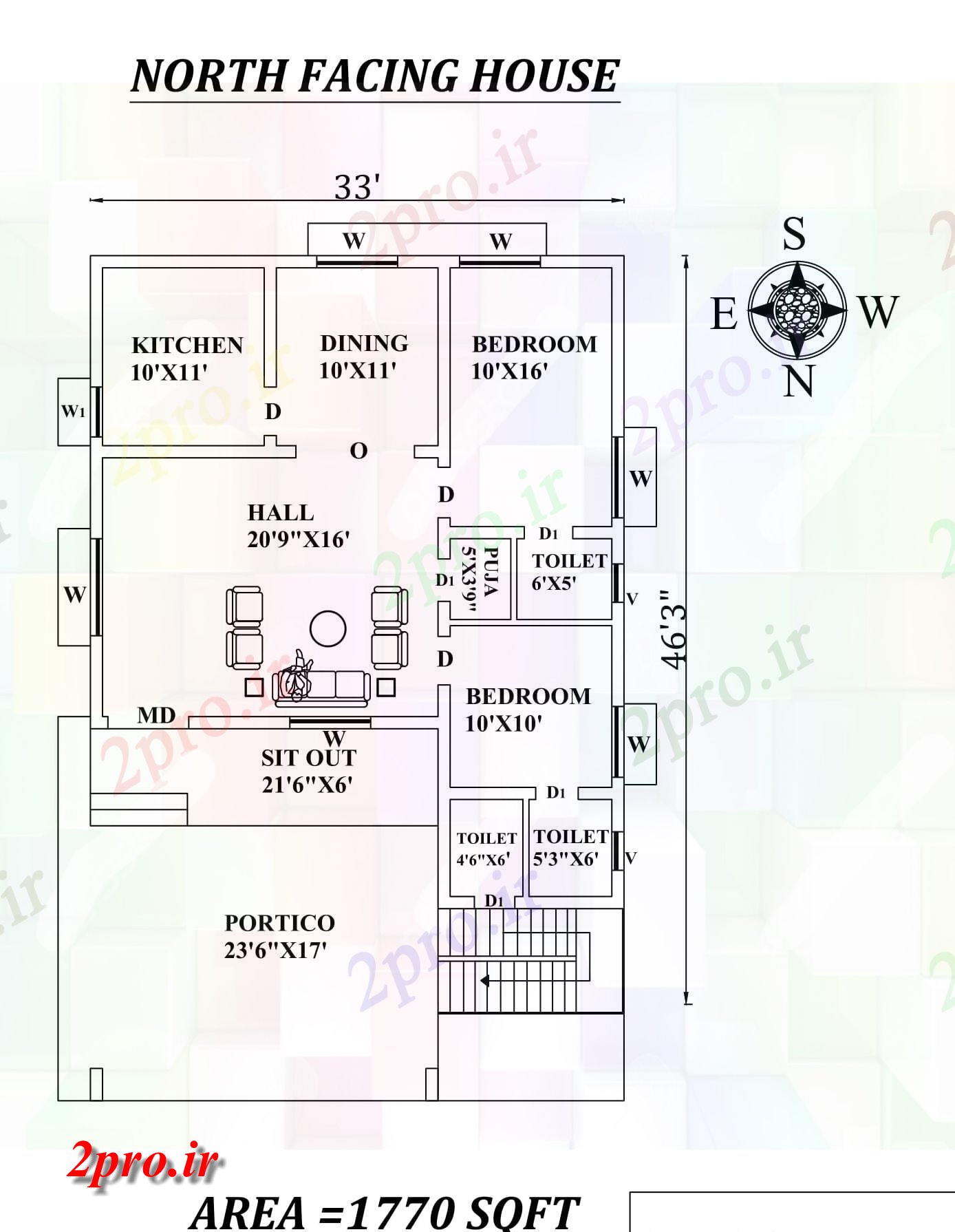 دانلود نقشه مسکونی ، ویلایی ، آپارتمان X46'3 شگفت انگیز شمالی طرحی خانه 2bhk به عنوان در هر Vastu Shastra هستند، اتوکد و جزئیات پی دی اف 9 در 11 متر (کد157796)