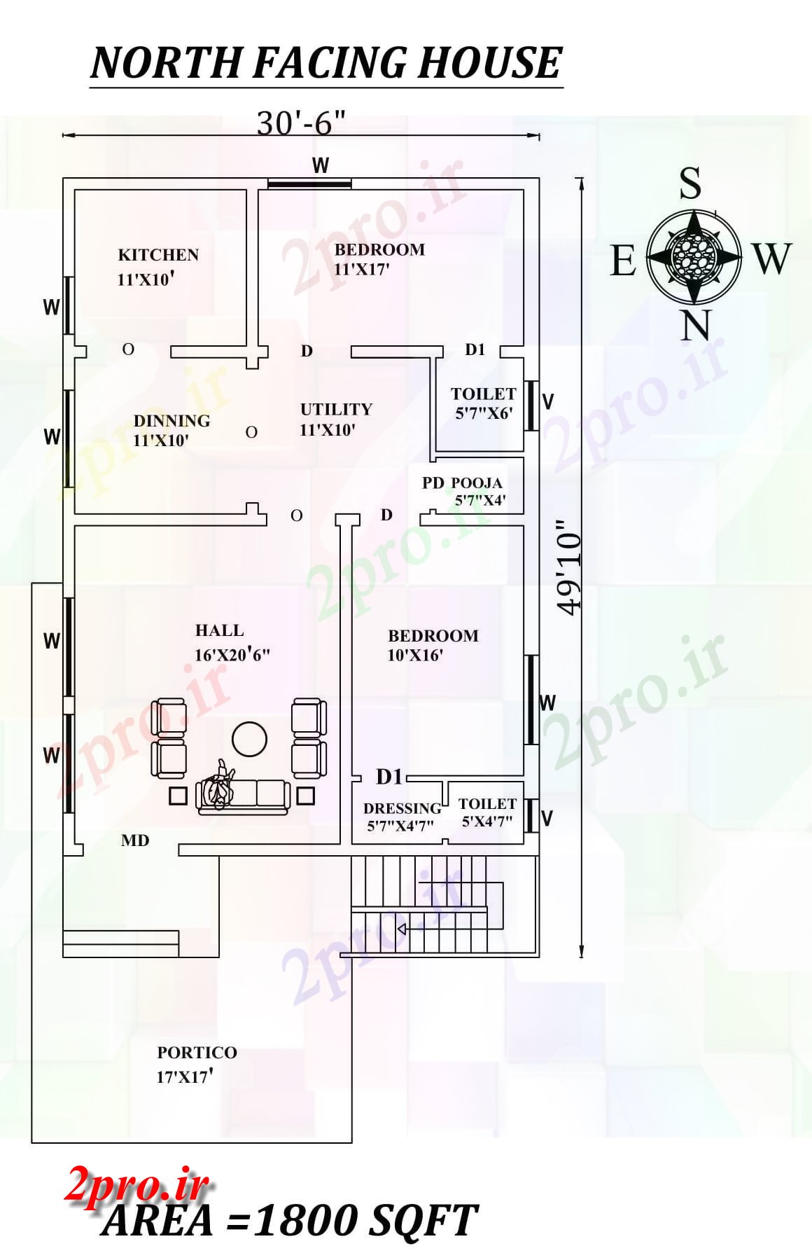 دانلود نقشه مسکونی ، ویلایی ، آپارتمان 6 X49'10 شگفت انگیز شمالی طرحی خانه 2bhk به عنوان در هر Vastu Shastra هستند، اتوکد و جزئیات پی دی اف 8 در 12 متر (کد157807)