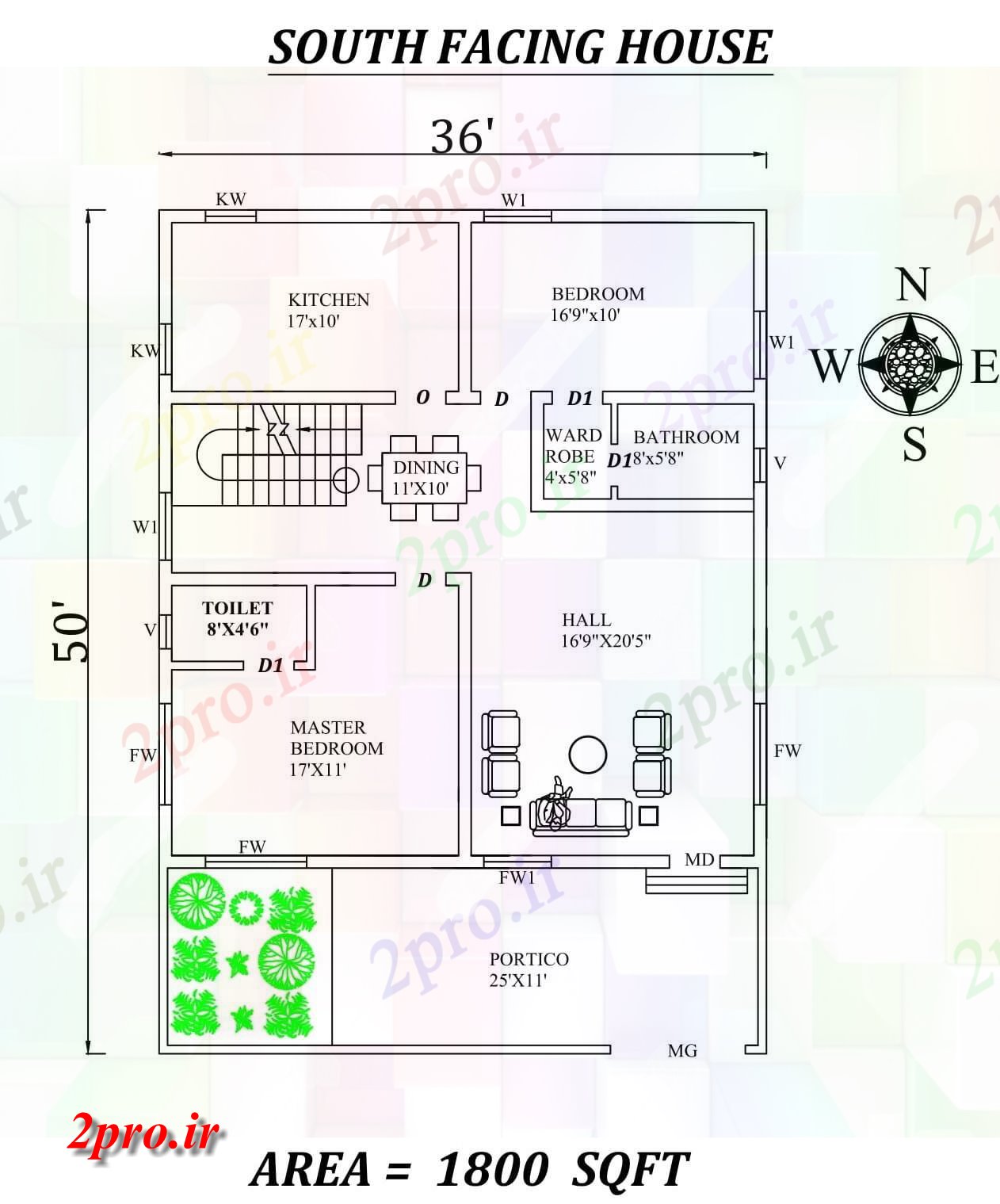 دانلود نقشه مسکونی ، ویلایی ، آپارتمان X50، جنوبی عالی 2bhk مواجه خانه طرحی به عنوان در هر Vastu Shastra هستند، اتوکد و جزئیات پی دی اف 10 در 11 متر (کد157808)