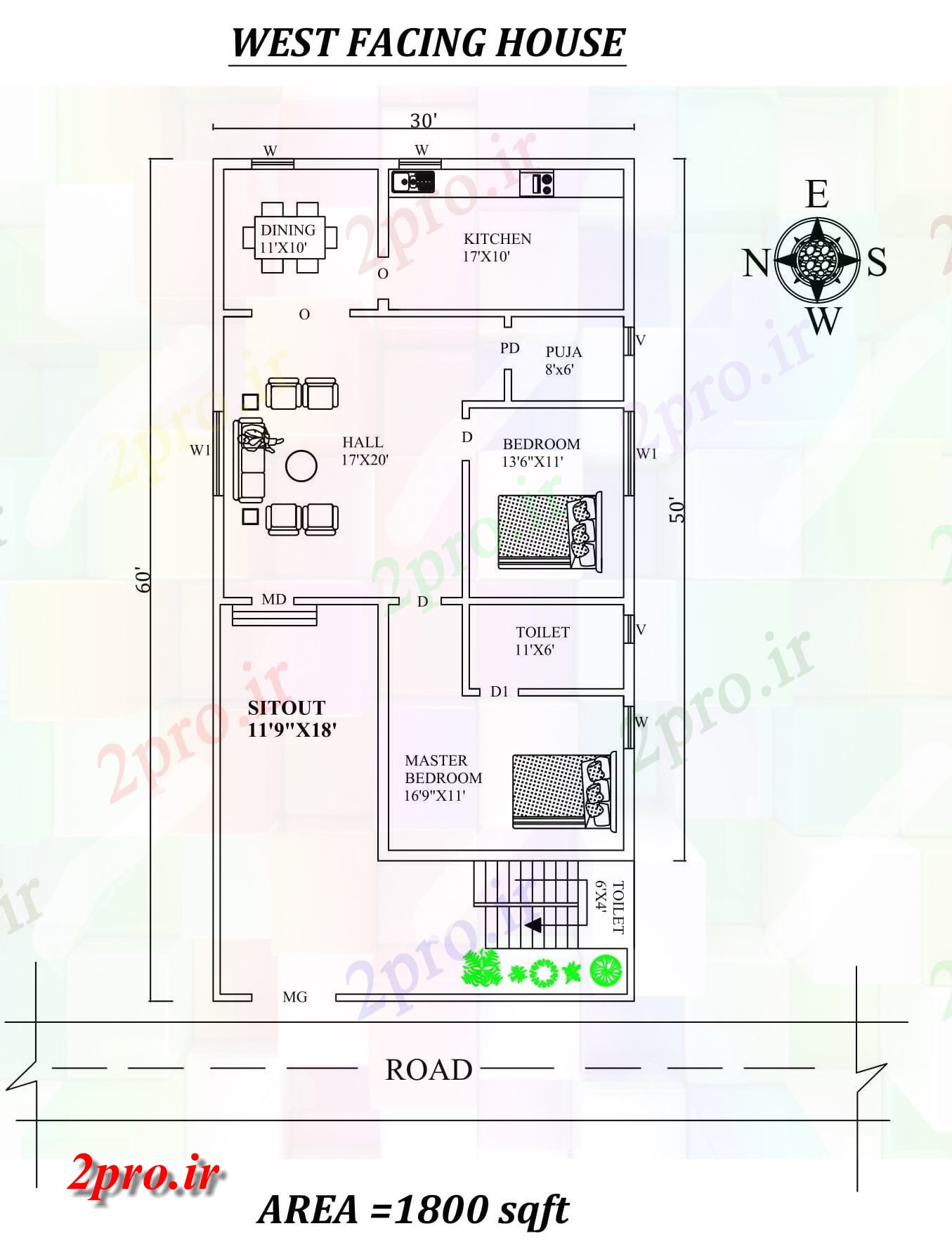 دانلود نقشه مسکونی ، ویلایی ، آپارتمان X60، 2bhk شگفت غرب مواجه خانه طرحی به عنوان در هر Vastu Shastra هستند، اتوکد و جزئیات پی دی اف 8 در 14 متر (کد157810)