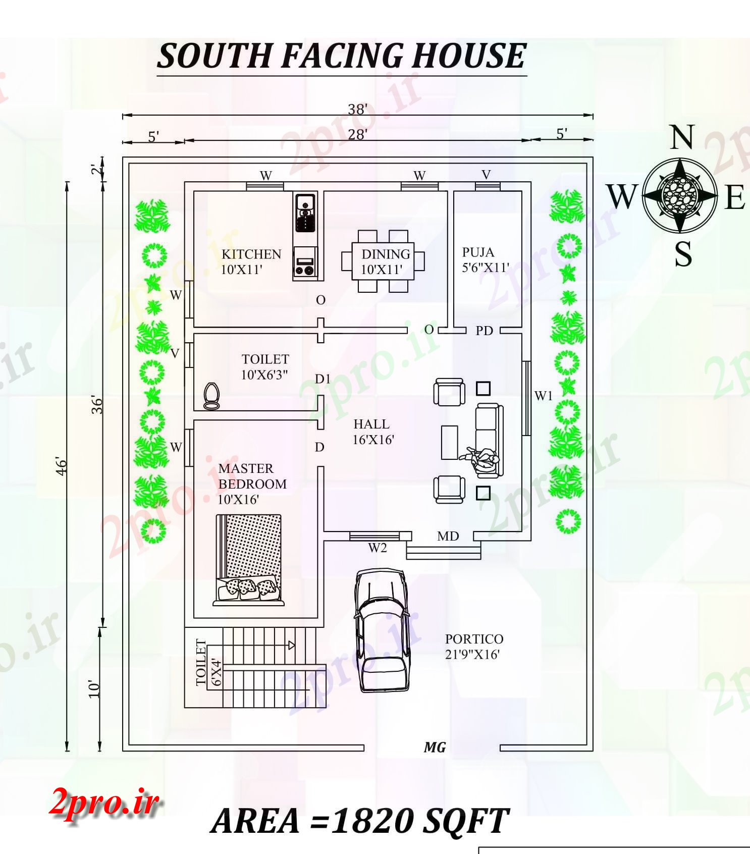 دانلود نقشه مسکونی ، ویلایی ، آپارتمان X36 تک BHK رو به جنوب خانه طراحی به عنوان پستها در طول Vastu Shastra هستند، اتوکد و جزئیات پی دی اف 8 در 10 متر (کد157812)