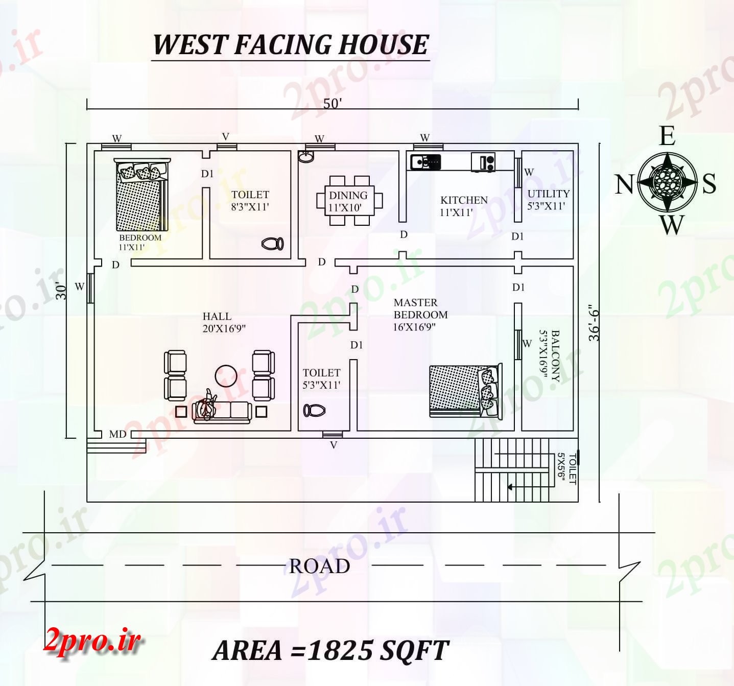 دانلود نقشه مسکونی ، ویلایی ، آپارتمان X30، 2bhk شگفت غرب مواجه خانه طرحی به عنوان در هر Vastu Shastra هستند، اتوکد و جزئیات پی دی اف 8 در 14 متر (کد157814)