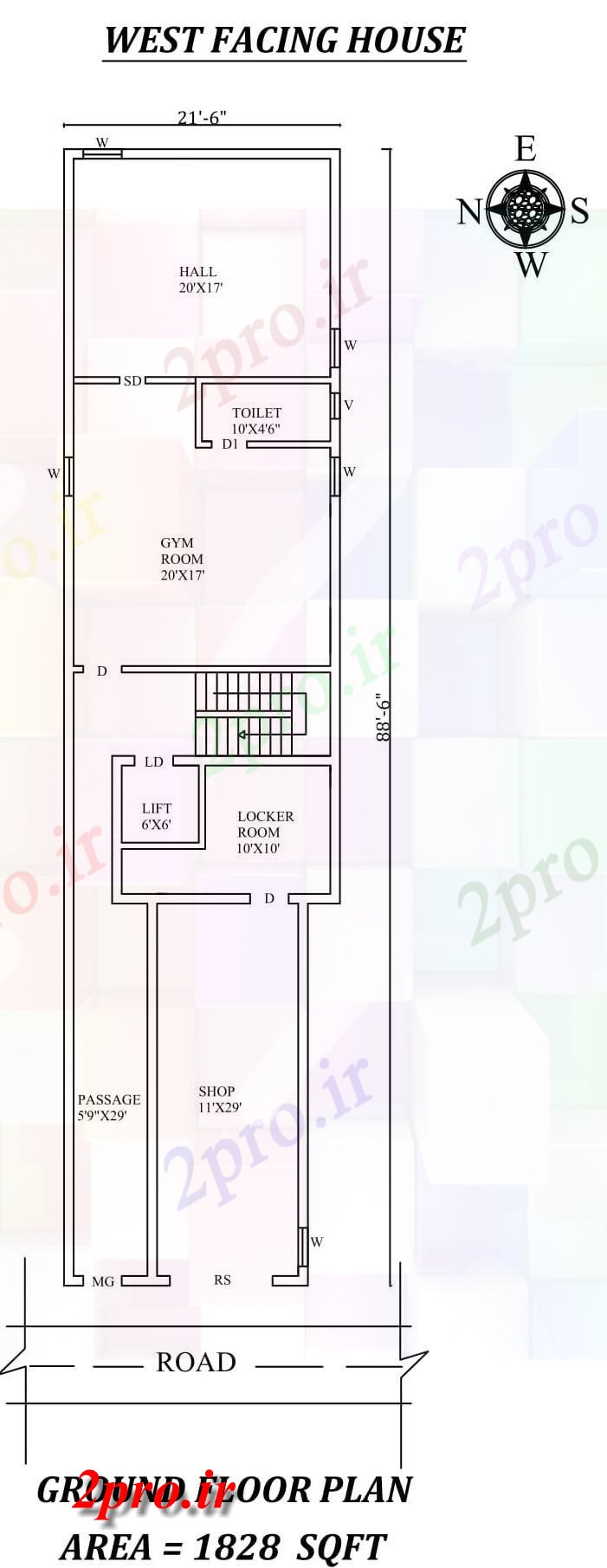 دانلود نقشه مسکونی ، ویلایی ، آپارتمان 6 X88'6 غرب مواجه طبقه همکف خانه طرحی به عنوان در هر Vastu Shastra هستند، اتوکد و جزئیات پی دی اف 6 در 24 متر (کد157815)