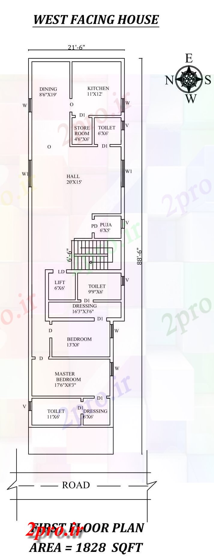 دانلود نقشه مسکونی ، ویلایی ، آپارتمان 6 X88'6 2bhk شگفت غرب مواجه خانه طرحی به عنوان در هر Vastu Shastra هستند، اتوکد و جزئیات پی دی اف 6 در 24 متر (کد157816)