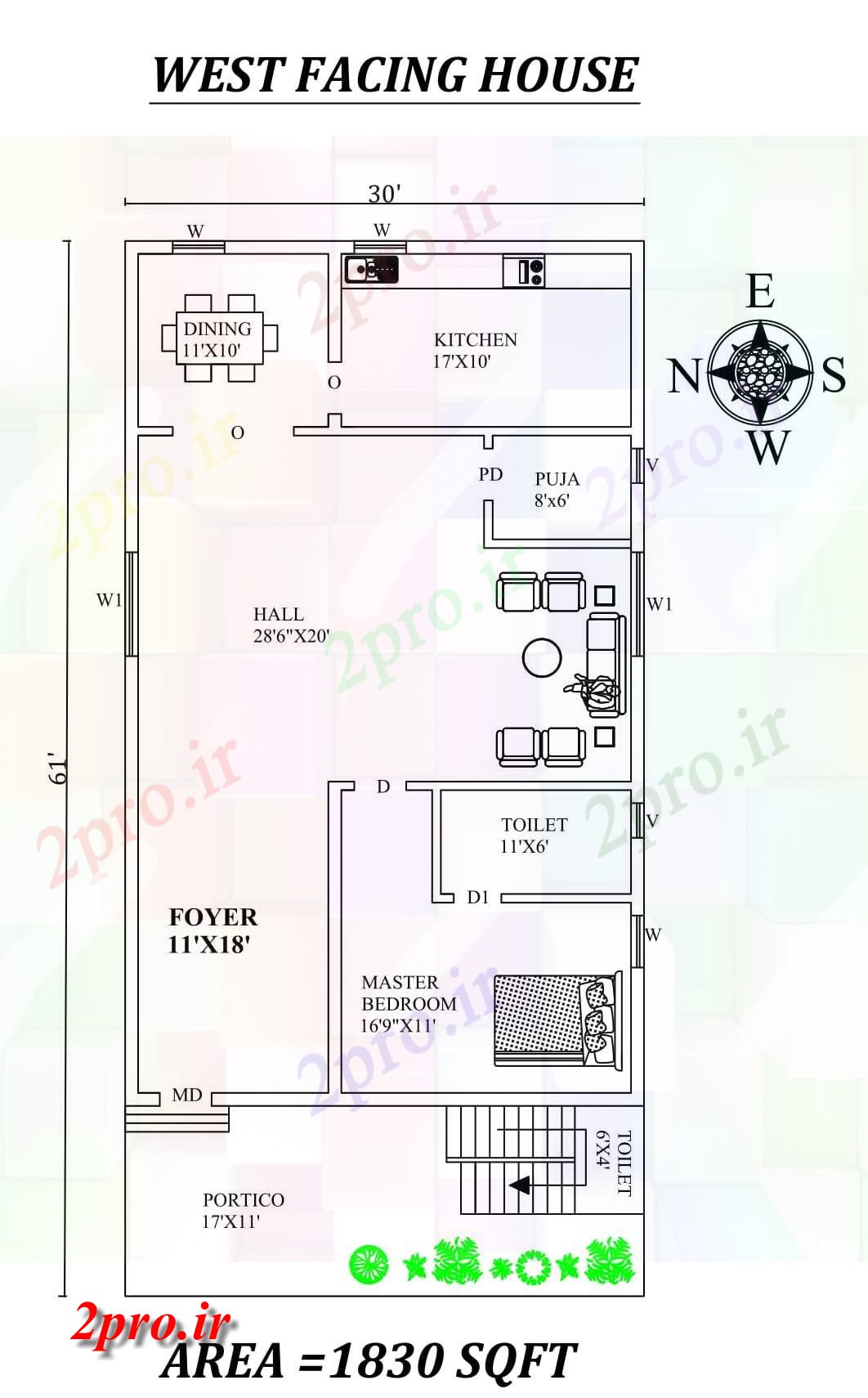 دانلود نقشه مسکونی ، ویلایی ، آپارتمان X61 تک BHK غرب مواجه خانه طرحی به عنوان در هر Vastu Shastra هستند، اتوکد و جزئیات پی دی اف 8 در 14 متر (کد157818)