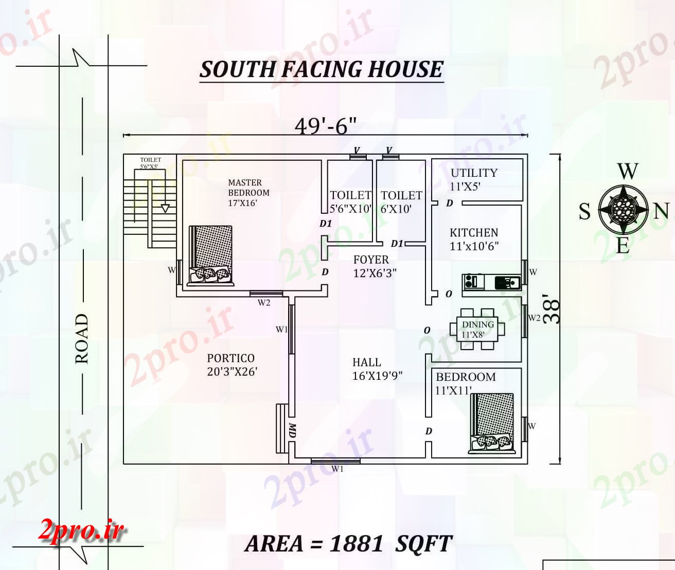 دانلود نقشه مسکونی ، ویلایی ، آپارتمان 6 X38 2bhk عالی جنوبی مواجه خانه طرحی به عنوان در هر Vastu Shastra هستند، اتوکد و جزئیات پی دی اف 11 در 12 متر (کد157822)