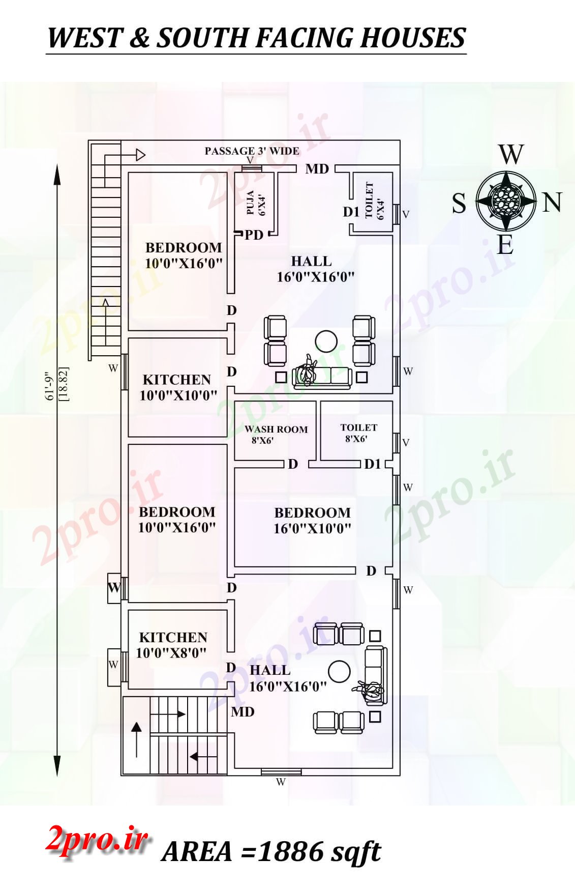 دانلود نقشه مسکونی ، ویلایی ، آپارتمان X61'9 جنوب عالی 2bhk مواجه خانه طرحی به عنوان در هر Vastu Shastra هستند، اتوکد و جزئیات پی دی اف 8 در 18 متر (کد157825)