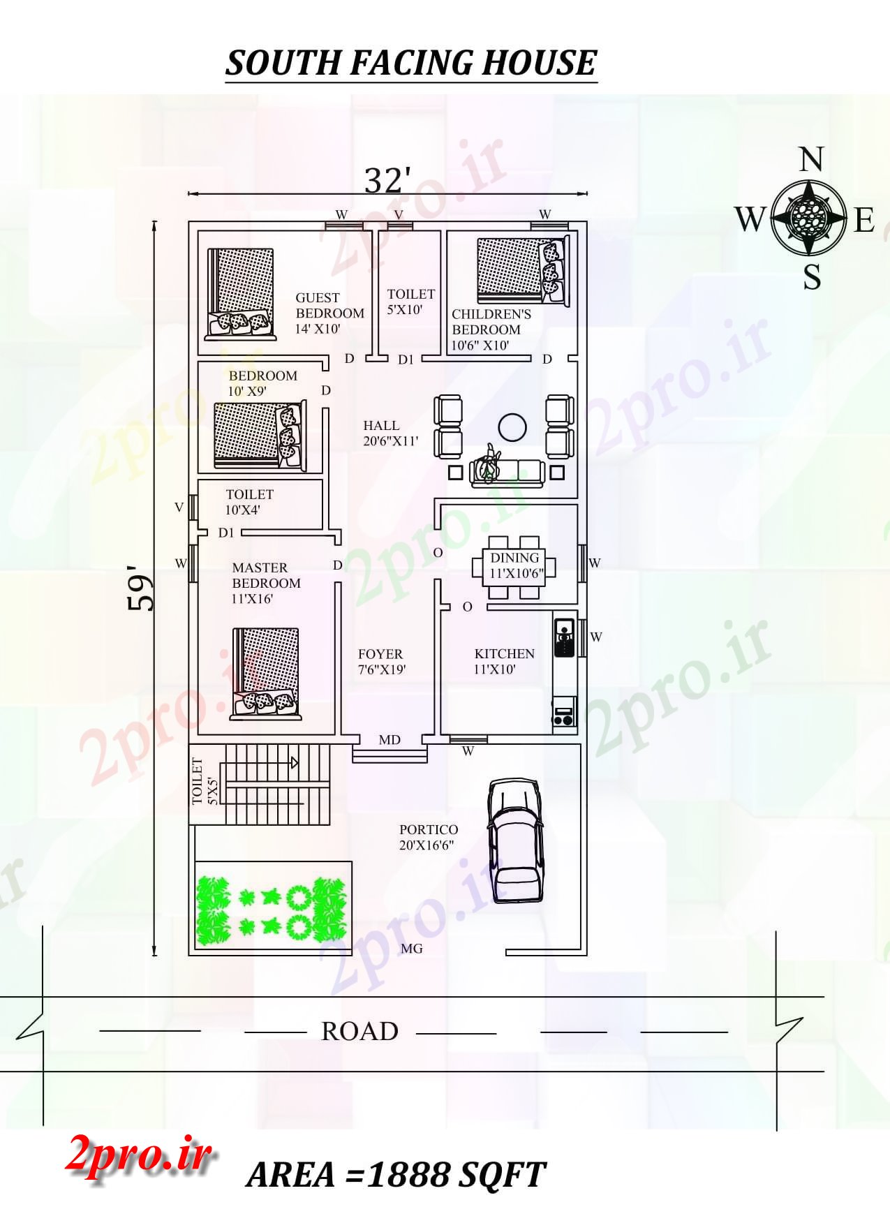 دانلود نقشه مسکونی ، ویلایی ، آپارتمان X59، 4bhk جنوبی مواجه خانه طرحی به عنوان در هر Vastu Shastra هستند، اتوکد و جزئیات پی دی اف 9 در 12 متر (کد157826)