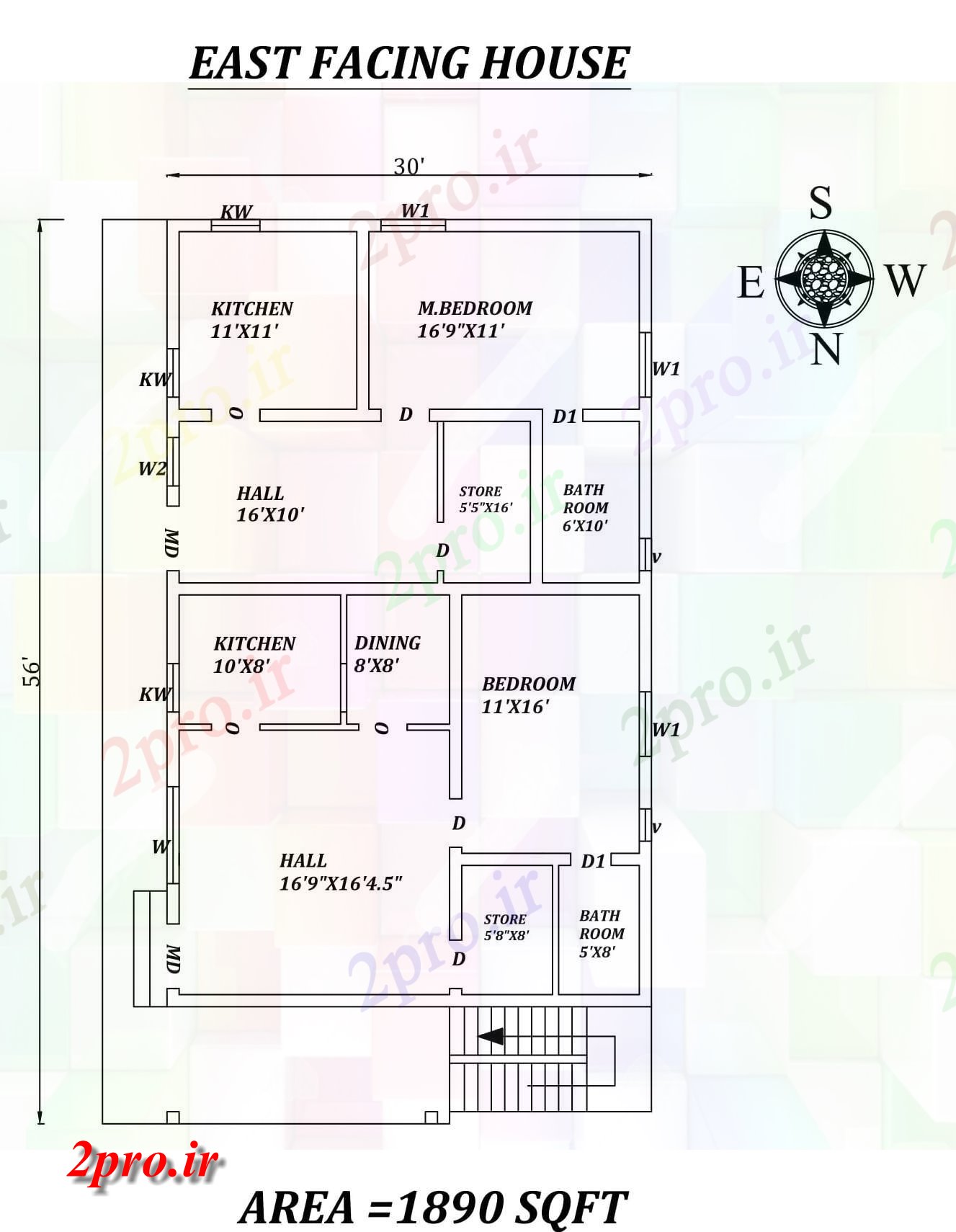 دانلود نقشه مسکونی ، ویلایی ، آپارتمان دو تنها BHK شرق 30'X56، مواجه خانه طرحی به عنوان در هر Vastu Shastra هستند، اتوکد و جزئیات پی دی اف 8 در 14 متر (کد157830)