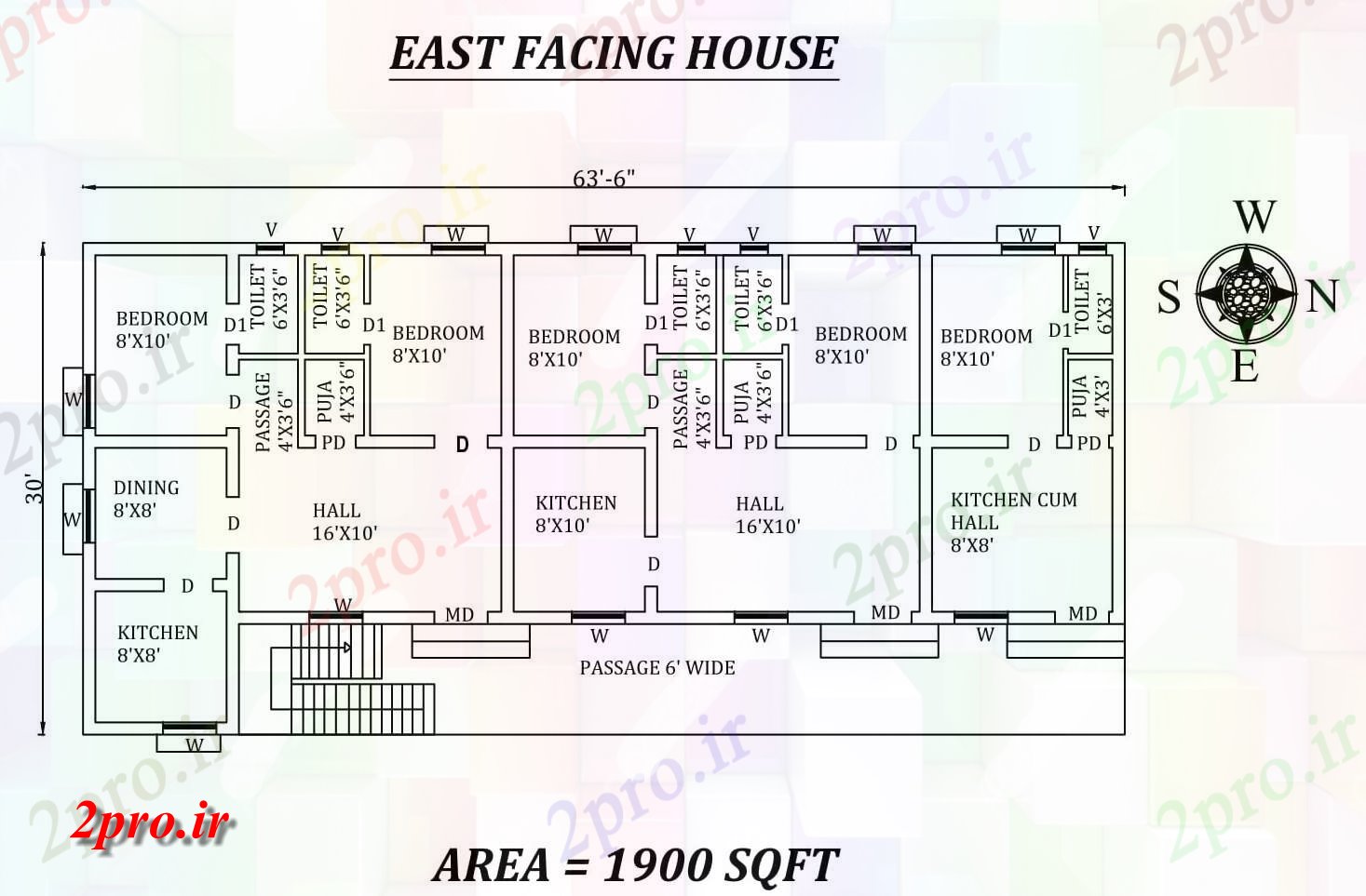 دانلود نقشه مسکونی ، ویلایی ، آپارتمان 6 جزئیات X30، ردیف شگفت انگیز 2bhk شرق مواجه خانه طرحی به عنوان در هر Vastu Shastra هستند، اتوکد و پی دی اف 8 در 18 متر (کد157835)