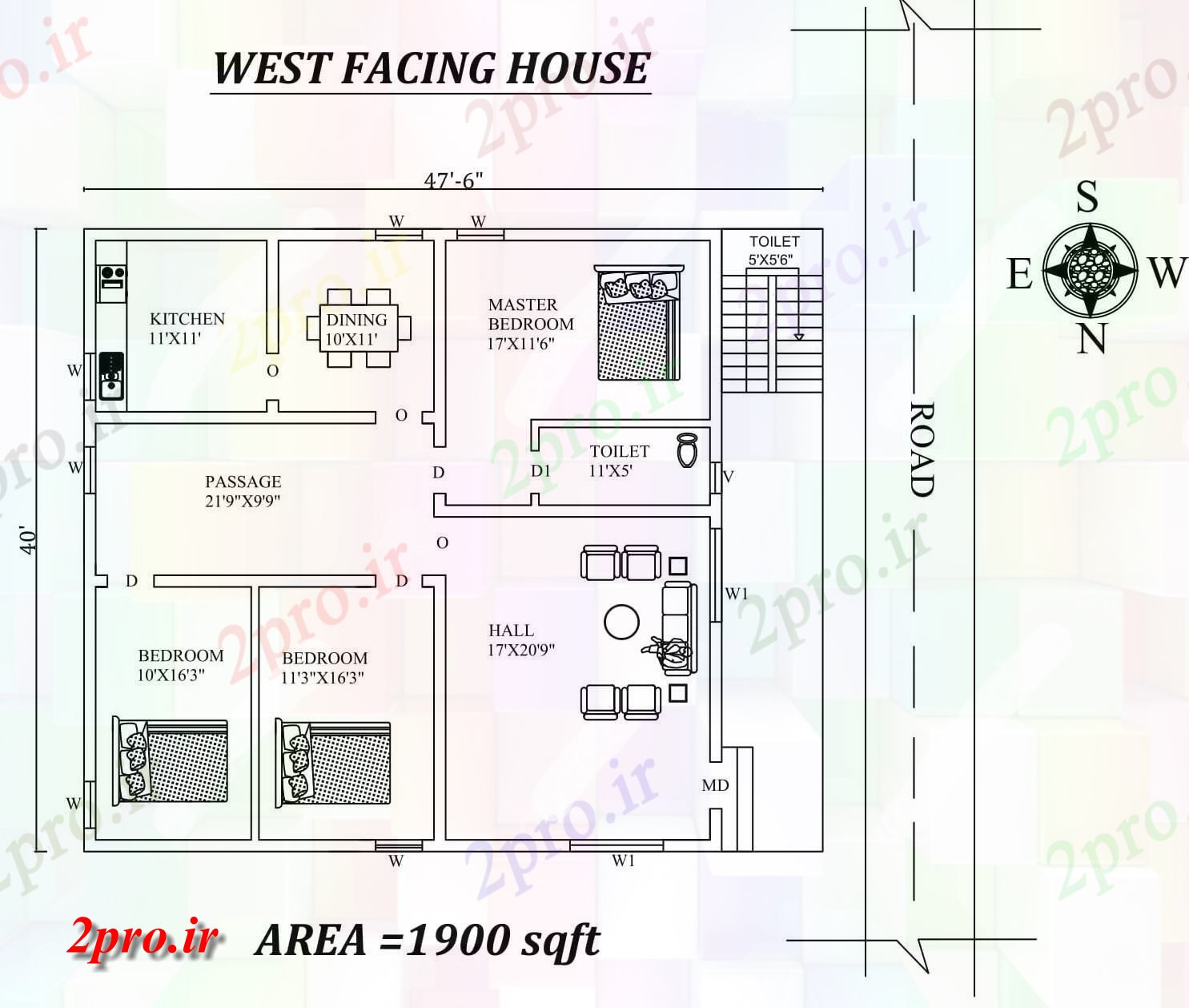 دانلود نقشه مسکونی ، ویلایی ، آپارتمان 6 X 40 '3bhk زیبا به طور کامل مبله غرب مواجه خانه طرحی به عنوان در هر Vastu Shastra هستند، اتوکد و جزئیات پی دی اف 11 در 12 متر (کد157836)