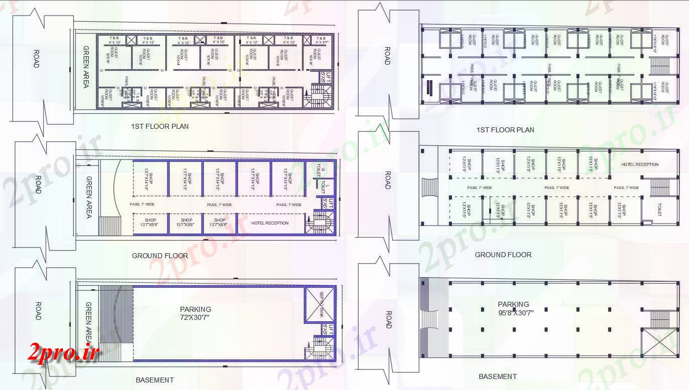 دانلود نقشه هتل - رستوران - اقامتگاه طرحی فروشگاه با هتل طبقه 9 در 30 متر (کد157837)