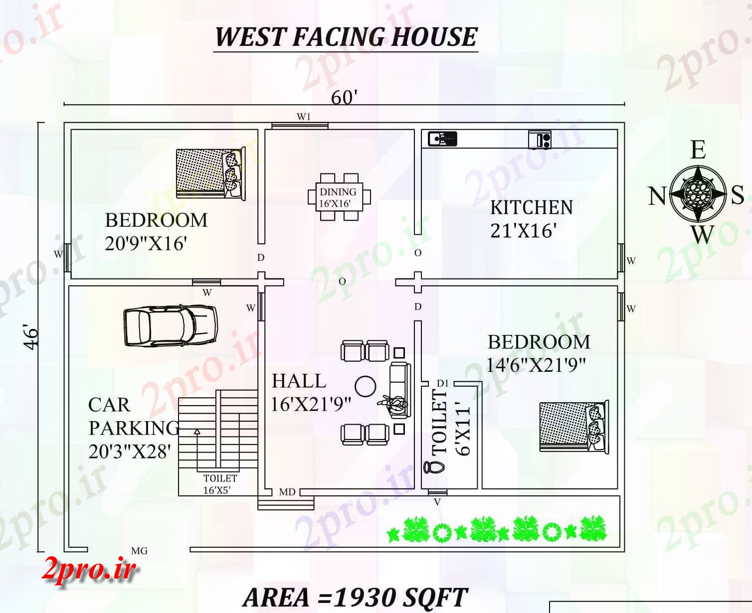 دانلود نقشه مسکونی ، ویلایی ، آپارتمان bhk شگفت 60'X46، به طور کامل مبله غرب مواجه خانه طرحی به عنوان در هر Vastu Shastra هستند، اتوکد و جزئیات پی دی اف 11 در 17 متر (کد157840)