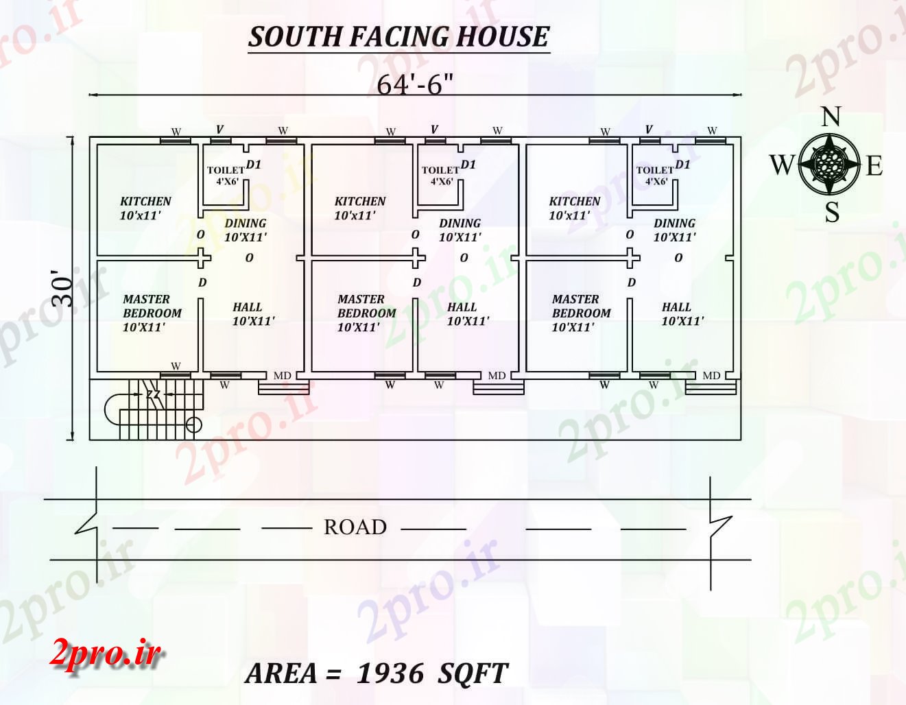 دانلود نقشه مسکونی ، ویلایی ، آپارتمان 6 جزئیات BHK تنها X30، رو به جنوب ردیف خانه طرحی به عنوان در هر Vastu Shastra هستند، اتوکد و پی دی اف 7 در 18 متر (کد157841)