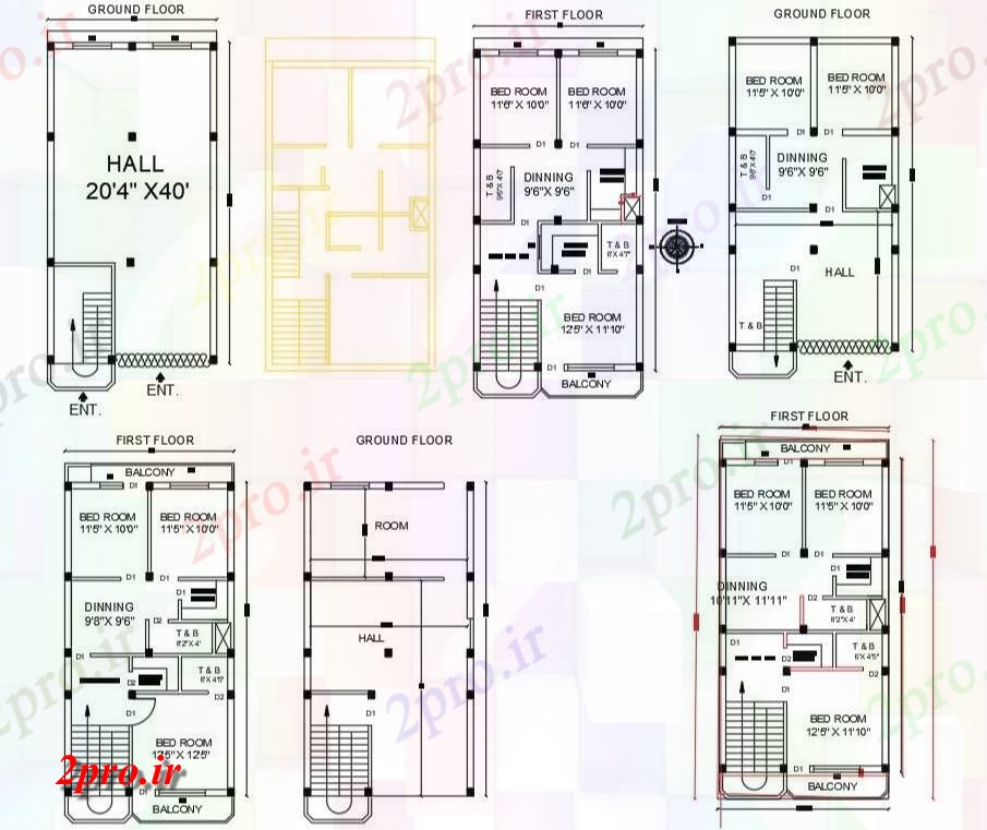 دانلود نقشه مسکونی ، ویلایی ، آپارتمان اتوکد 3 BHK خانه طرح 6 در 12 متر (کد157844)