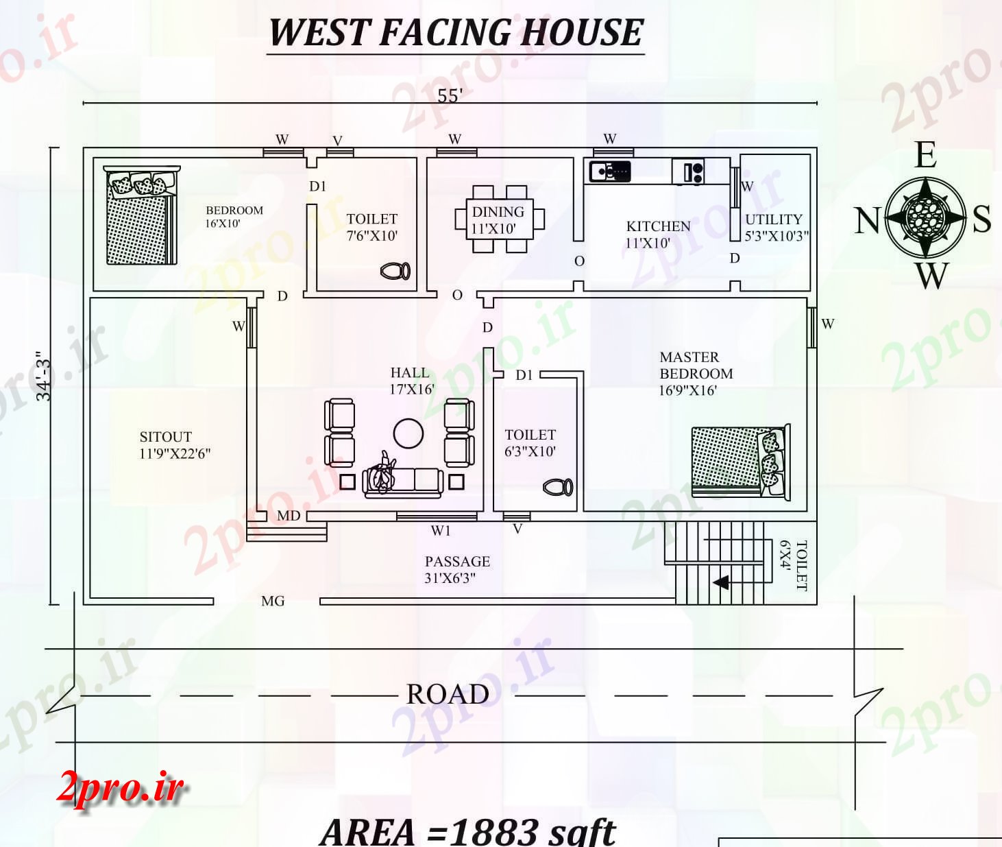 دانلود نقشه مسکونی ، ویلایی ، آپارتمان غرب شگفت انگیز 55'X34، مواجه طرحی خانه 2bhk مبله به عنوان در هر Vastu Shastra هستند، اتوکد و جزئیات پی دی اف 8 در 16 متر (کد157845)