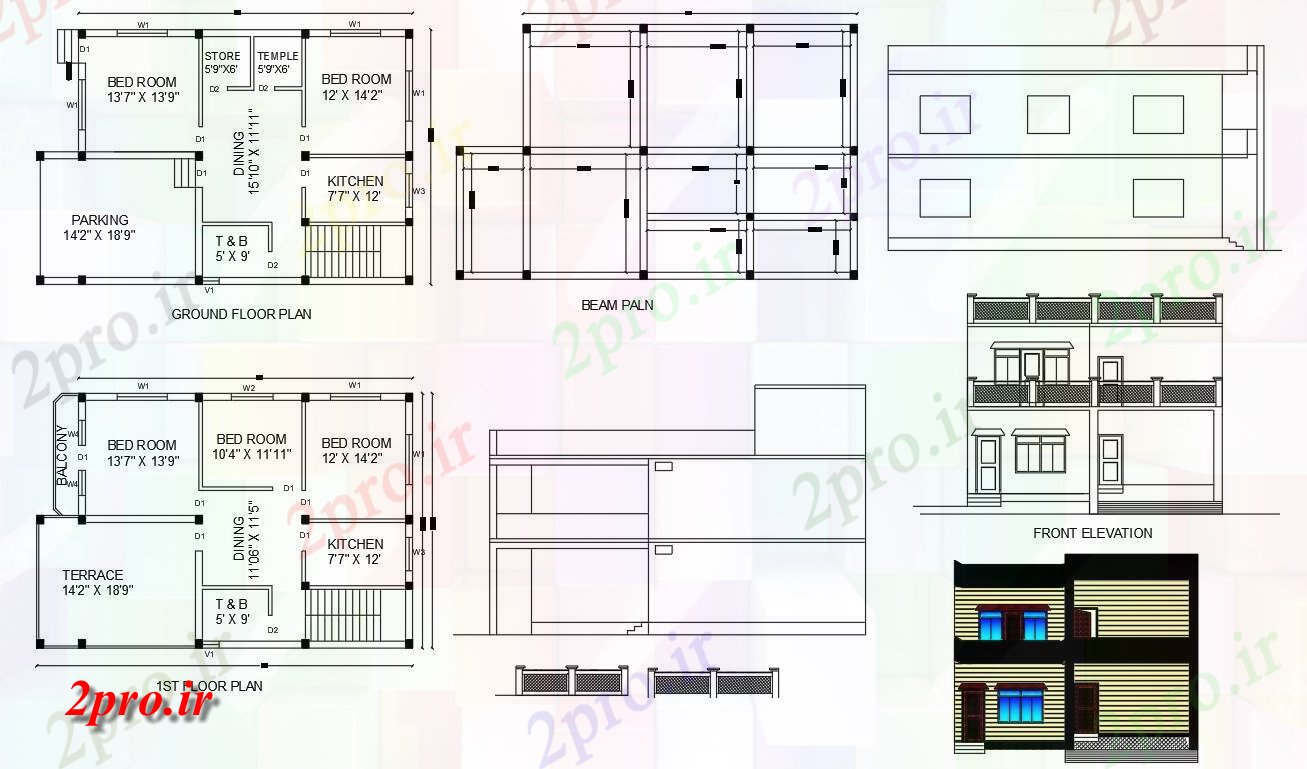 دانلود نقشه مسکونی ، ویلایی ، آپارتمان خانه طرحی طبقه با نما 8 در 13 متر (کد157846)