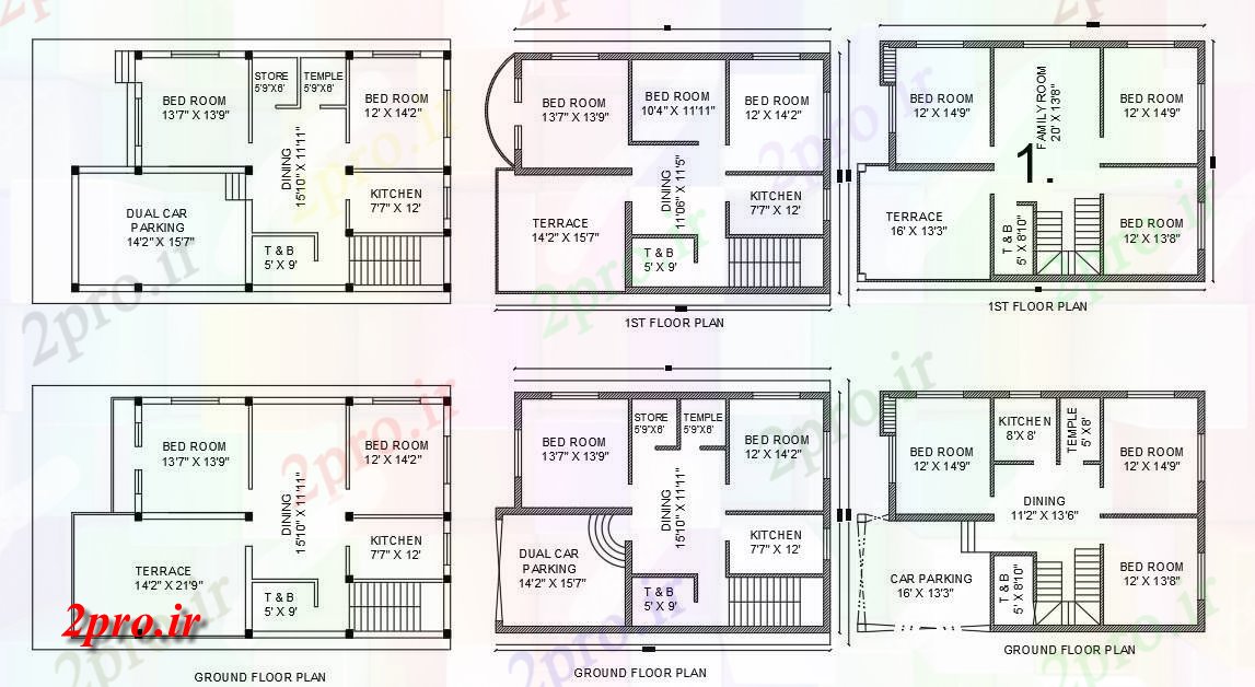 دانلود نقشه مسکونی ، ویلایی ، آپارتمان BHK و 3 BHK خانه طرحی با پارکینگ خودرو به 8 در 14 متر (کد157848)