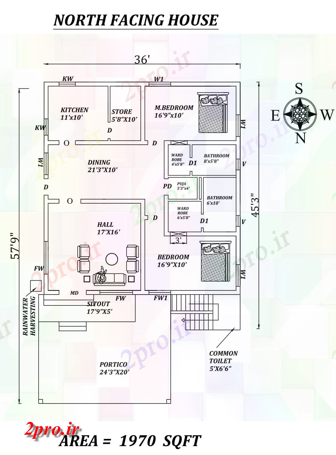 دانلود نقشه مسکونی ، ویلایی ، آپارتمان X57'9 شگفت انگیز شمالی طرحی خانه 2bhk به عنوان در هر Vastu Shastra هستند اتوکد و جزئیات پی دی اف 10 در 11 متر (کد157851)