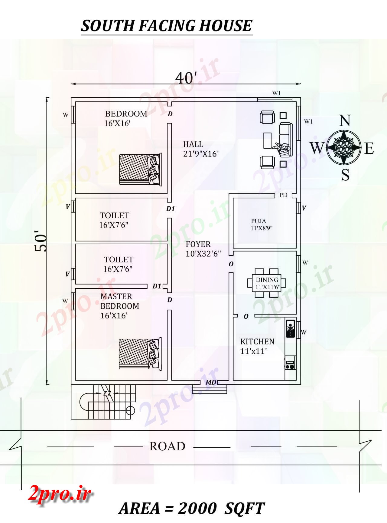 دانلود نقشه مسکونی ، ویلایی ، آپارتمان X50، جنوبی عالی 2bhk مواجه خانه طرحی به عنوان در هر Vastu Shastra هستند، اتوکد و جزئیات پی دی اف 11 در 14 متر (کد157854)