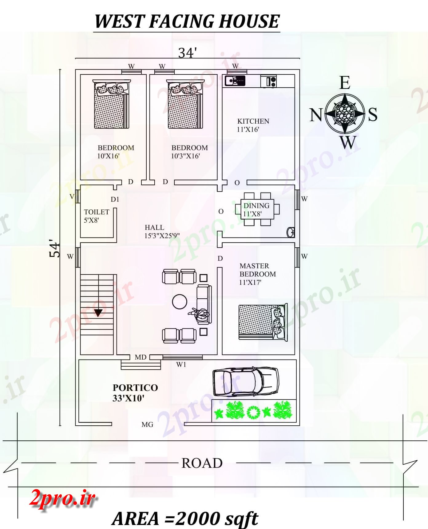 دانلود نقشه مسکونی ، ویلایی ، آپارتمان X 54 '3bhk زیبا غرب مواجه خانه طرحی به عنوان در هر Vastu Shastra هستند، اتوکد و جزئیات پی دی اف 10 در 12 متر (کد157856)