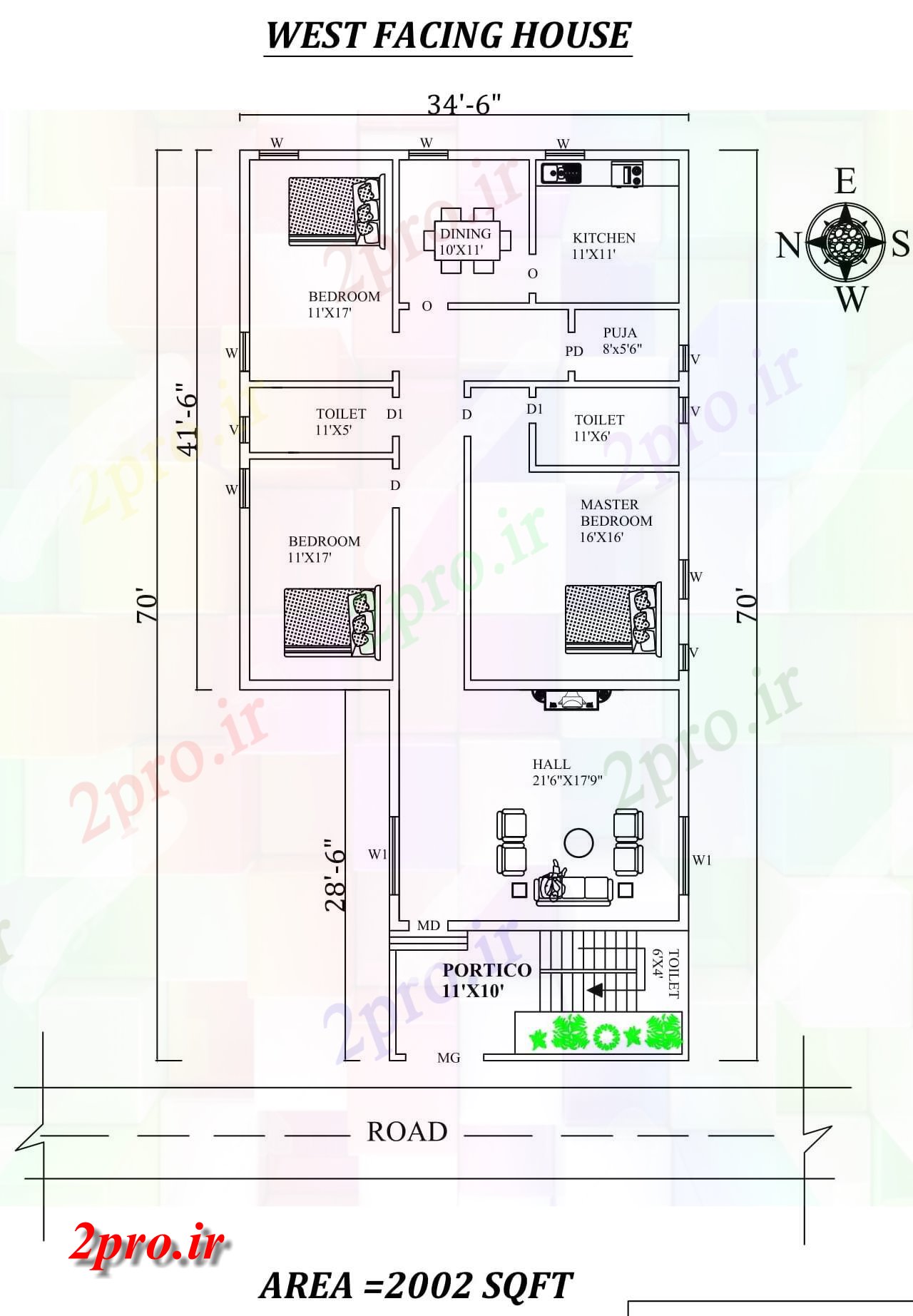 دانلود نقشه مسکونی ، ویلایی ، آپارتمان 6 X 70 '3bhk زیبا غرب مواجه خانه طرحی به عنوان در هر Vastu Shastra هستند، اتوکد و جزئیات پی دی اف 10 در 17 متر (کد157859)