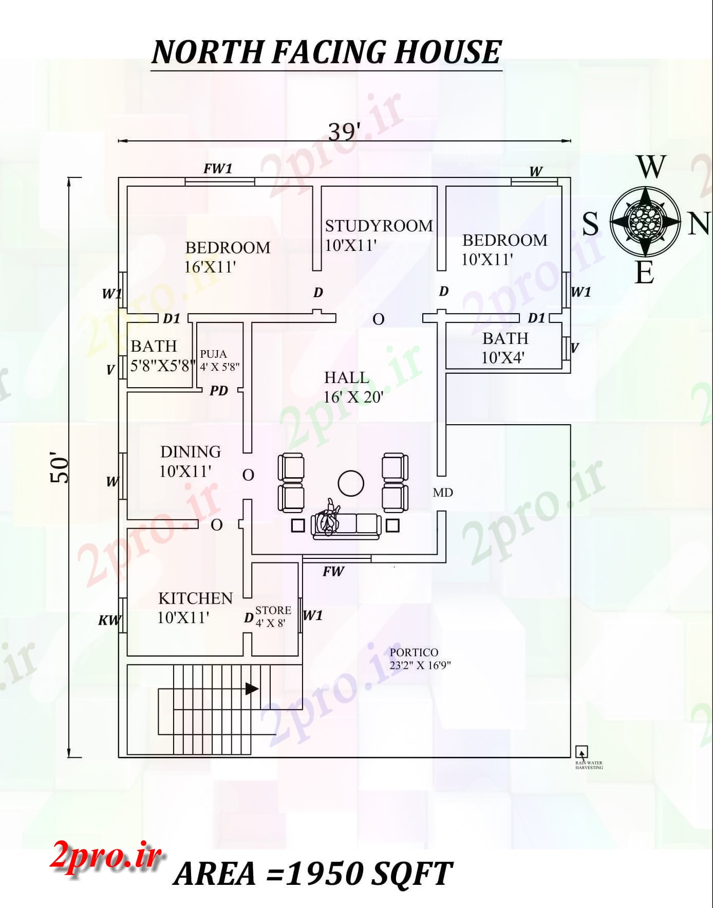 دانلود نقشه مسکونی ، ویلایی ، آپارتمان bhk فوق العاده 39'X50، شمال رو به خانه طرحی به عنوان در هر Vastu Shastra هستند، اتوکد و جزئیات پی دی اف 11 در 12 متر (کد157863)