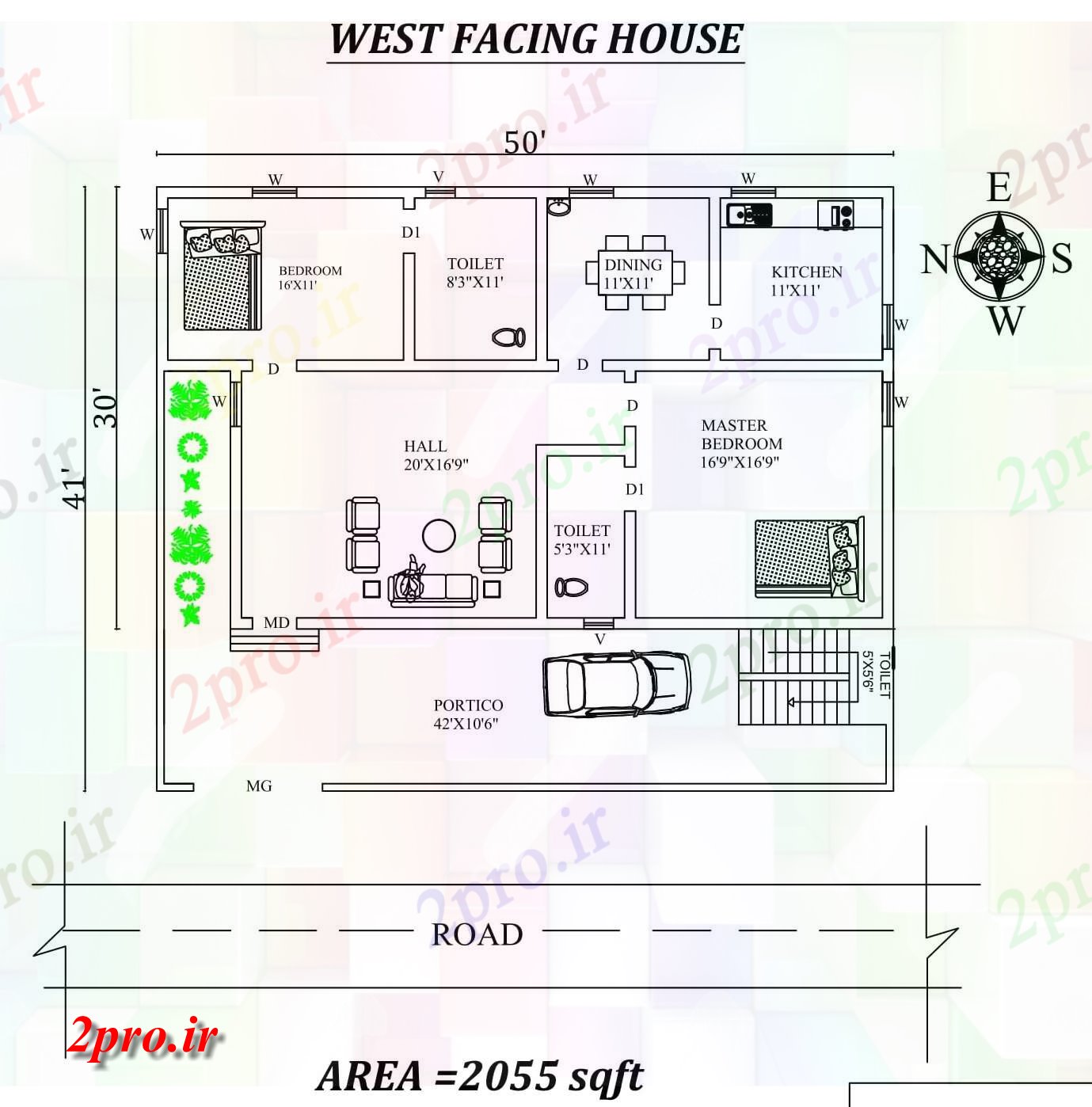 دانلود نقشه مسکونی ، ویلایی ، آپارتمان X41، 2bhk شگفت غرب مواجه خانه طرحی به عنوان در هر Vastu Shastra هستند 8 در 14 متر (کد157867)