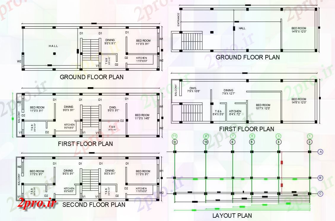 دانلود نقشه مسکونی  ، ویلایی ، آپارتمان  BHK و 2 BHK آپارتمان   طرحی طبقه به  (کد157870)