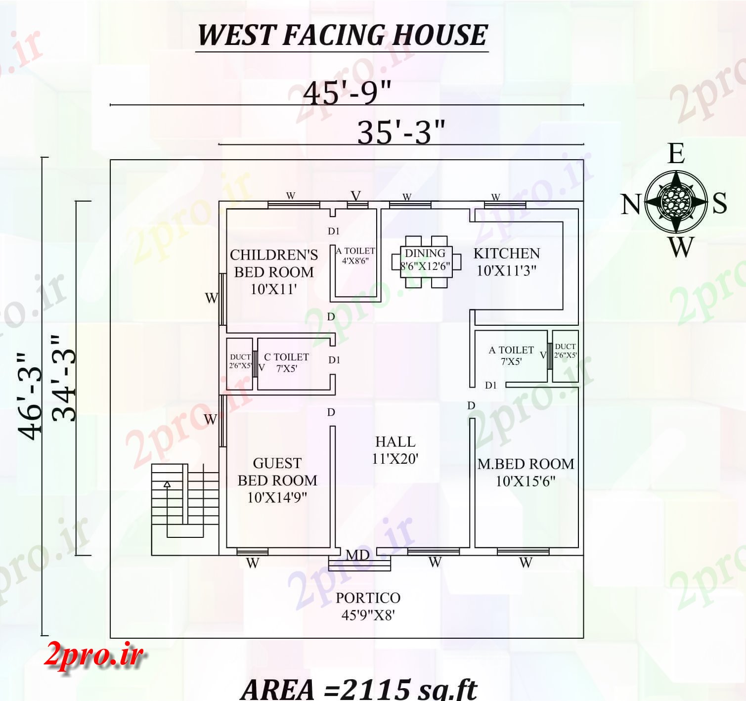 دانلود نقشه مسکونی ، ویلایی ، آپارتمان 3 X 34'3 3bhk زیبا غرب مواجه خانه طرحی به عنوان در هر Vastu Shastra هستند اتوکد و جزئیات پی دی اف 10 در 10 متر (کد157871)