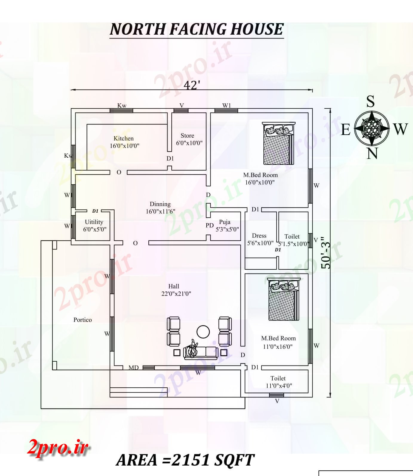 دانلود نقشه مسکونی ، ویلایی ، آپارتمان X50'3 شگفت انگیز شمالی طرحی خانه 2bhk به عنوان در هر Vastu Shastra هستند، 12 در 14 متر (کد157875)