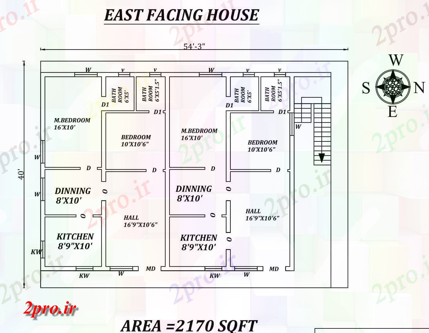 دانلود نقشه مسکونی ، ویلایی ، آپارتمان کامل 2bhk دو شرق 54'X40، مواجه خانه طرحی به عنوان در هر Vastu Shastra هستند، اتوکد و جزئیات پی دی اف 10 در 13 متر (کد157878)